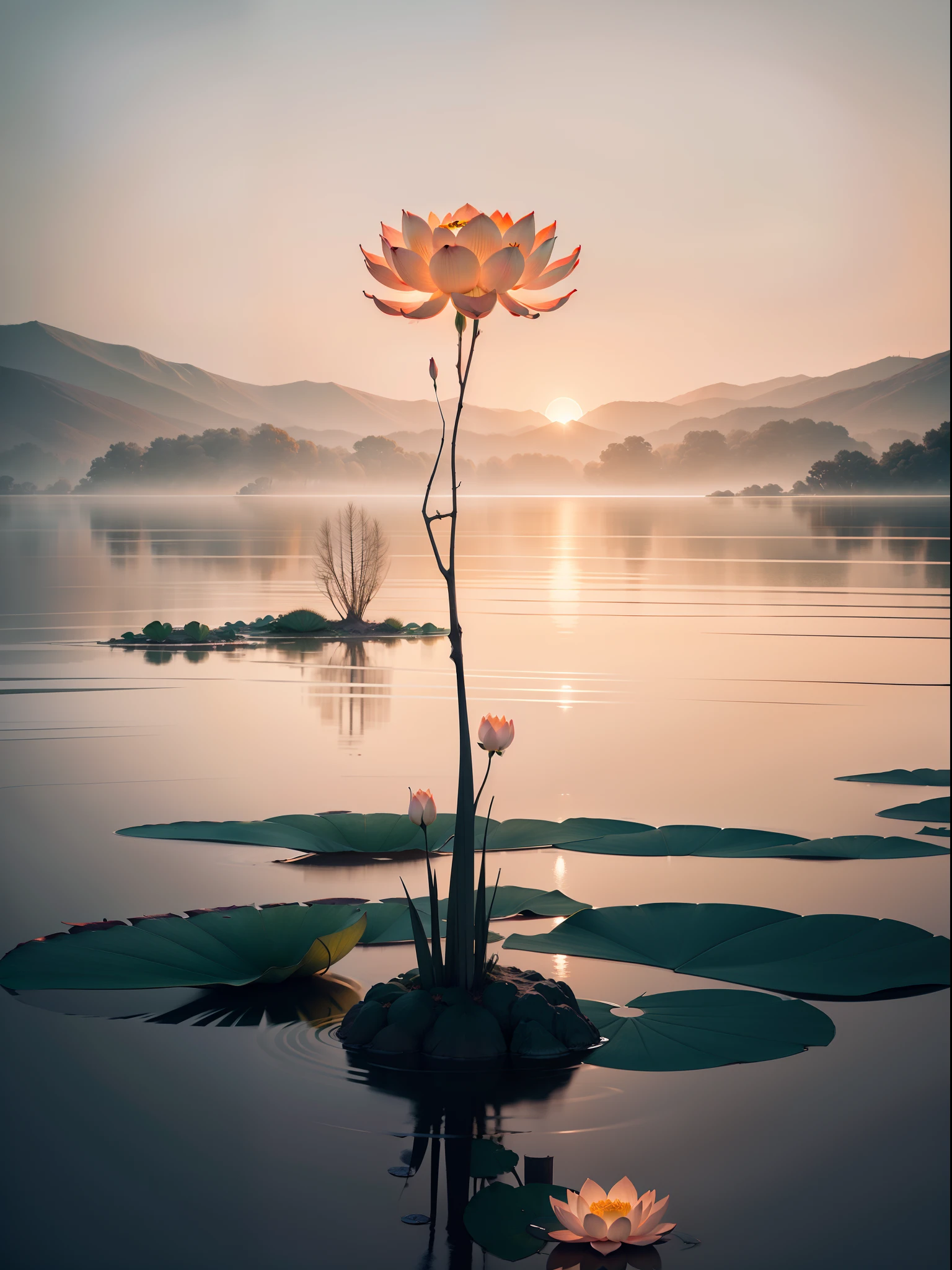 Lotus flowers bloom on twisted branches against gray background, Simple background, in light orange and light beige style, minimalist images, photographic installations, Paleocore, green and crimson, Hyper-realistic poetic intimacy 768X2048