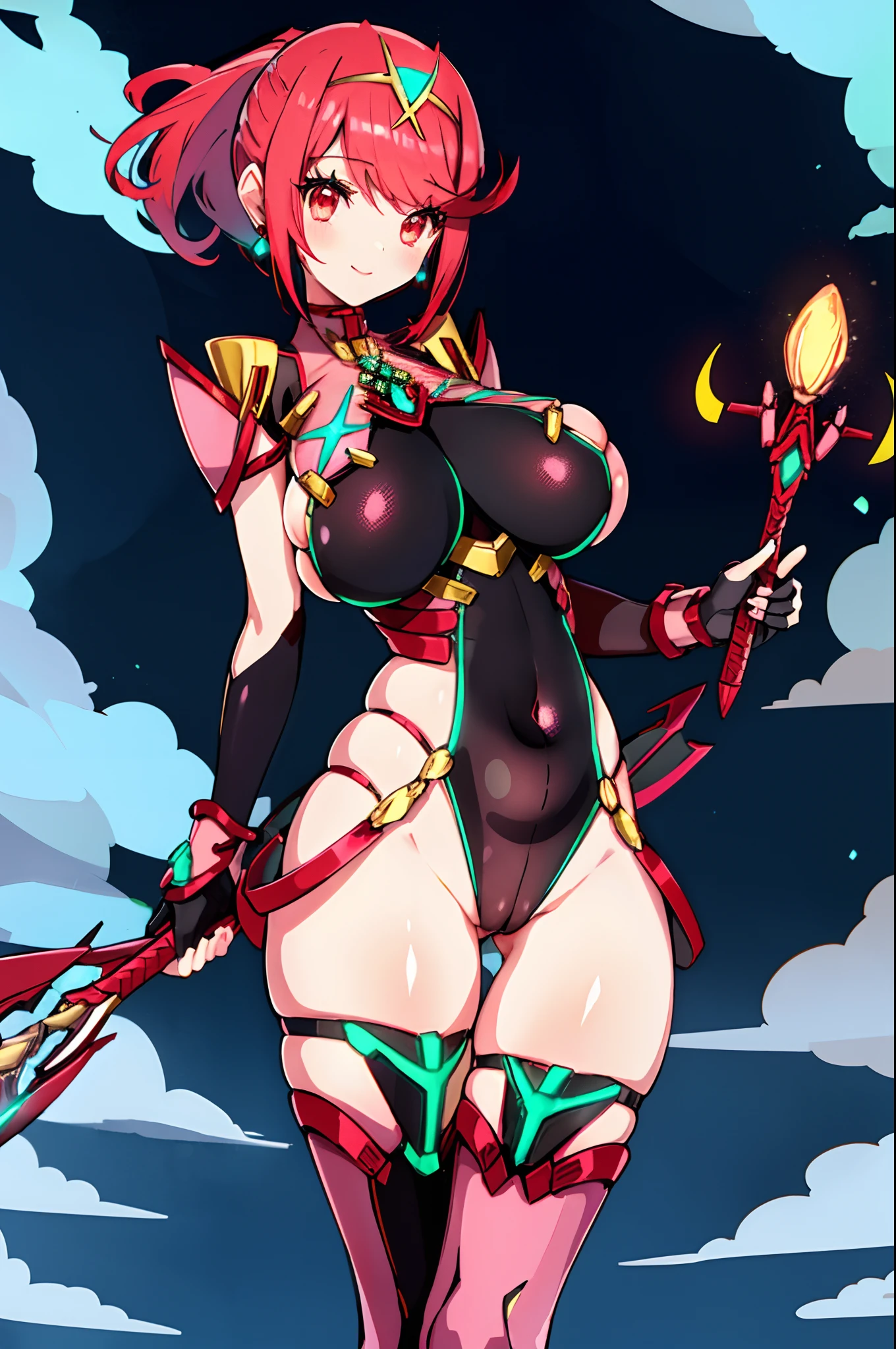 pyra \(xenoblade\), _1girl, lolibangs, black gloves, breasts, red eyes, shout, earrings, eyelashes, fingerless gloves, floating hair, , gem, gloves, hair ornament, headpiece, jewelry, big_breasts, leaning back, swimsuit, neon trim, official art, pose, red hair, saitou masatsugu, short hair, sidelocks, skin tight, solo, swept bangs, thighhighs, tiara, fantasy_town_background, underbust, xenoblade chronicles \(series\), (xenoblade chronicles 2), (spread_legs:1.1), fire_effect,dynamic_pose,fighting,light_smile, (plump:1.1), big_ass,huge_sword, hold_large_sword_hilt, covered_nipples, covered_pussy,back_view, fists,ponytail,beautiful_fingers,(solo:1.1), bare_shoulder,(shoulder_naked:1.3)