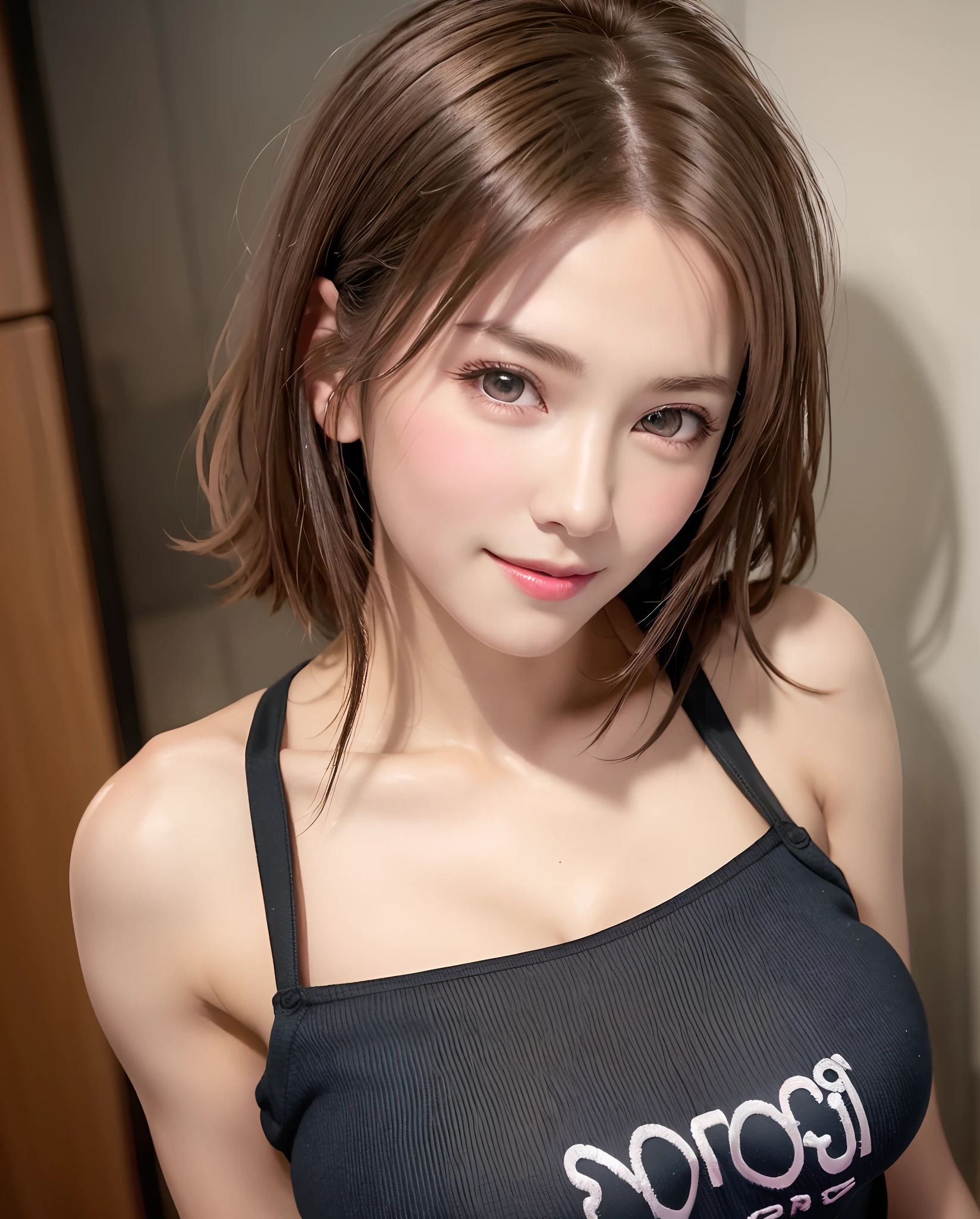 Top quality, ultra high resolution, (photorealistic: 1.4), beautiful eyes, super beautiful, short hair, beautiful breasts, lover, t-shirt with rough chest, eyes inviting viewer, lover's eyes, inviting facial expressions, sexy smile, perfect style, perfect balance, detailed skin, naughty eyes, chest visible