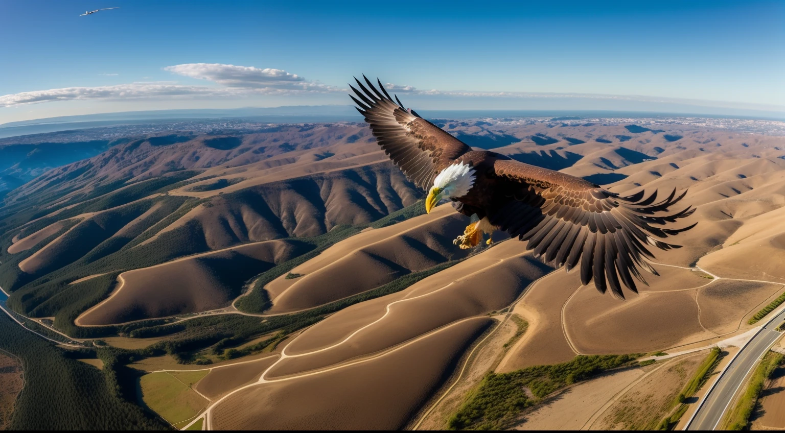 A majestic eagle flying in the heights, com suas asas estendidas e o horizonte como pano de fundo, representing courage and the ability to transcend limitations.