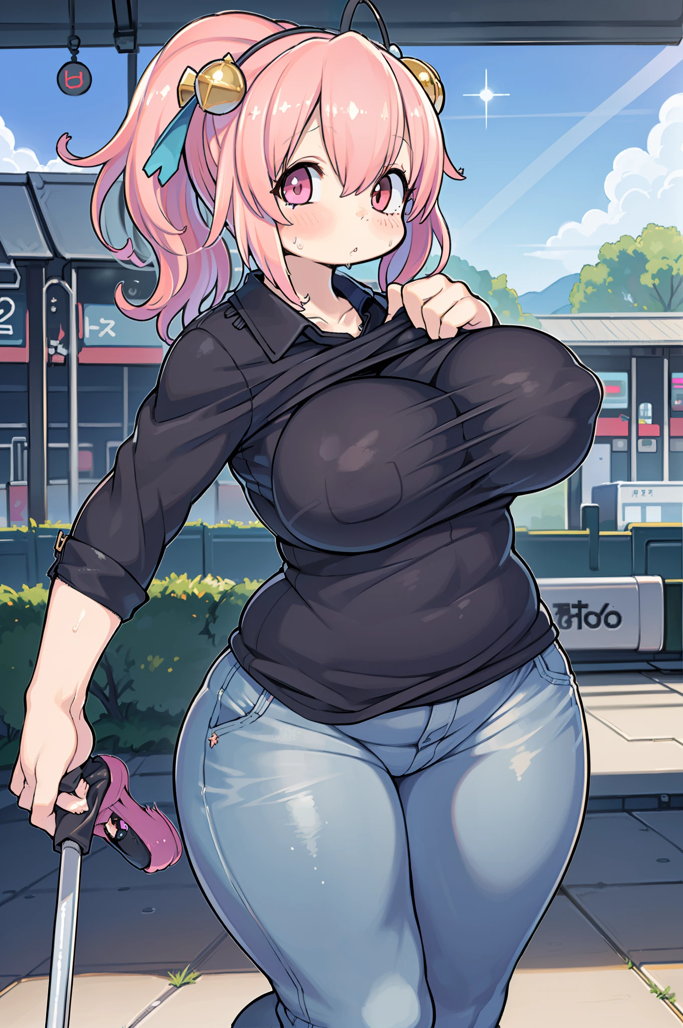 (masutepiece), (Best Quality), (hight resolution), Detailed, (Details 1.2), (Hyper Detail 1.4), (Glamorous Digital Art 1.2), absurderes, 1girl in, Small breasts, Ass, Hair ornaments, Solo, Pink hair, (Black shirt:1.3), jeans, (train station:1.2) Running, thighs thighs thighs thighs, shortstack,