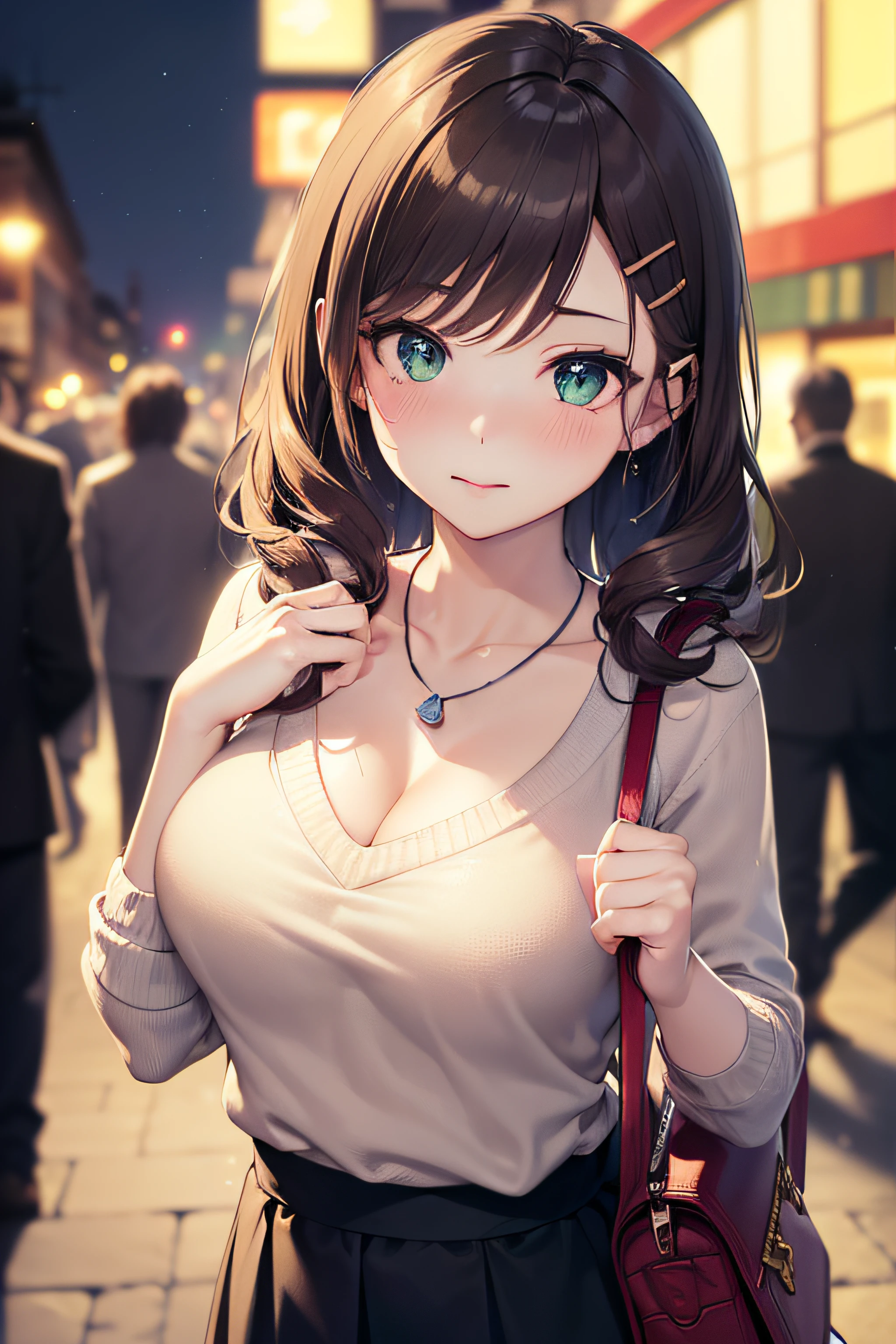 ((masterpiece, best quality, highres, UHD, perfect pixel, depth of field, 4k, RTX, HDR))), 1girl, single, solo, beautiful anime girl, beautiful artstyle, anime character, 24 years old, ((long hair, bangs, dark brown hair, curly hair:1.4, hair pin)), ((detailed face, blushing:1.2)), ((detailed eyes, anime eyes style, beautiful eyes, green eyes:1.8, sparkling effect)), ((smooth texture:0.75, realistic texture:0.5, anime CG style)), ((medium breasts, cleavage)), dynamic angle, busty, perfect body, ((close up, POV, cute, shot on face, holding hands)), ((casual clothes, white sweater, skirt, the bra is visible from inside the sweater)), outdoor background, absurd background, bokeh:1.4, ((night, night lights)), crowd, city building, ((minimalist necklace, baguette bag))