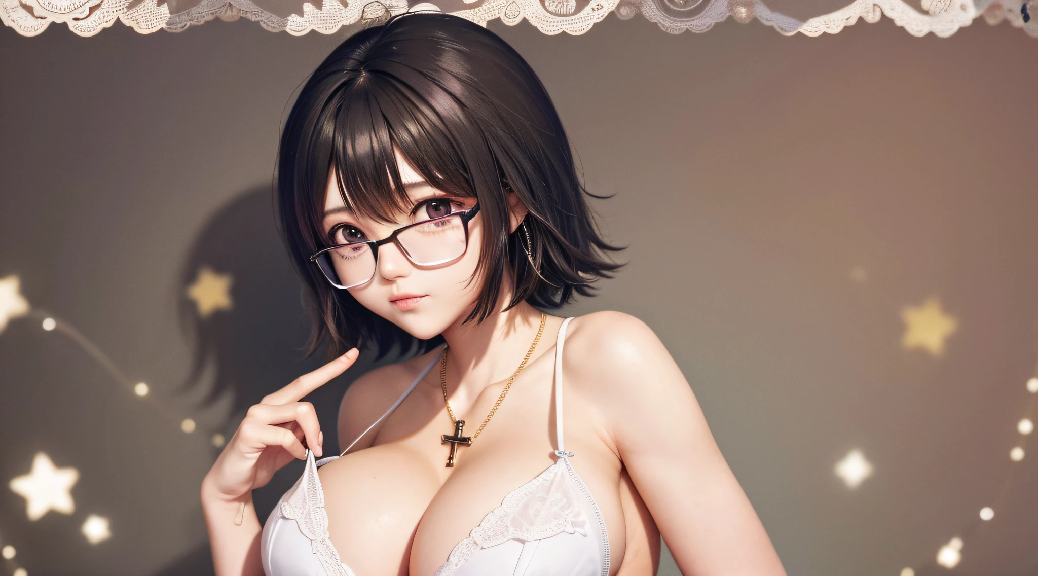 （tmasterpiece，best qualtiy：1.2）， 独奏， 1girll， Shizuku Murasaki，Square glasses， looking at viewert， with brown eye，white under lingerie， Cross necklace，gigantic cleavage breasts:1.3, humongous large breast:1.3, sandbeach