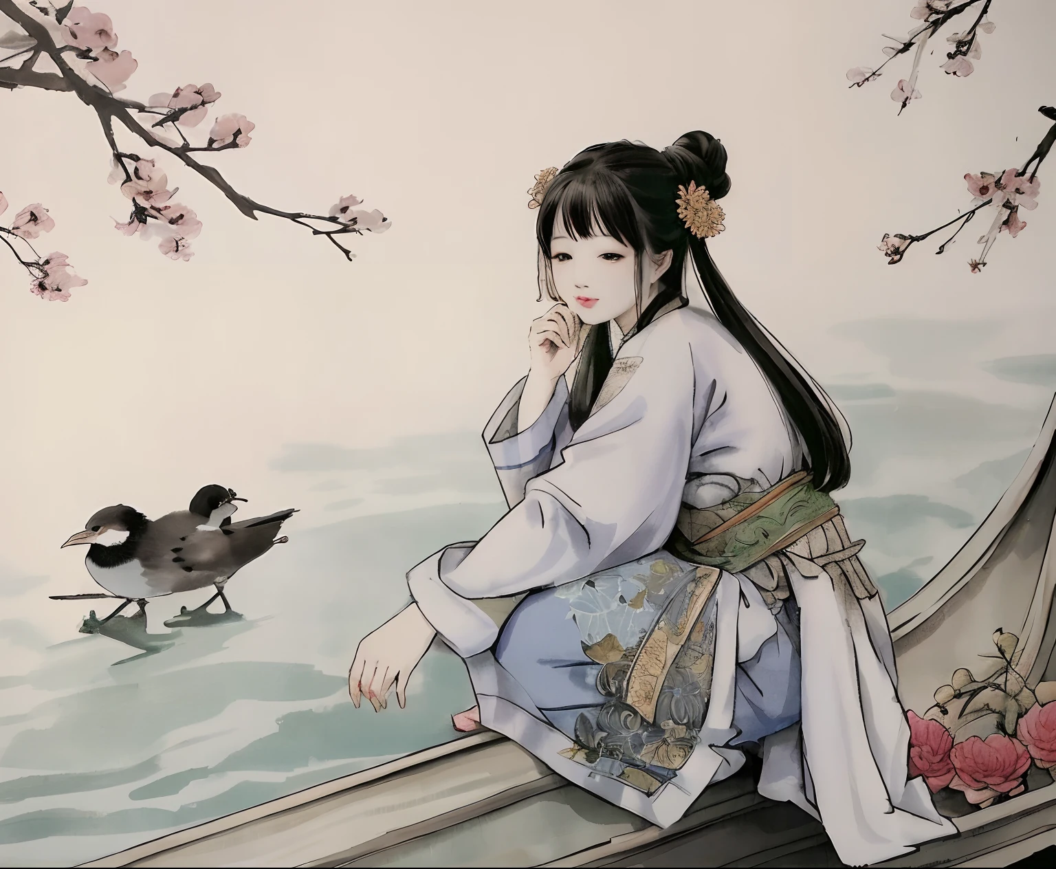 Costume woman on a boat with flowers and birds, author:Uemura Shoen, ancient chinese beauti, inspired by Tang Yin, author:Zhan Ziqian, author:Zhao Zhiqian, inspired by Yun-Fei Ji, zhang daqian, author:Hu Jieqing, author:Zhang Shuqi, author:Tang Yin