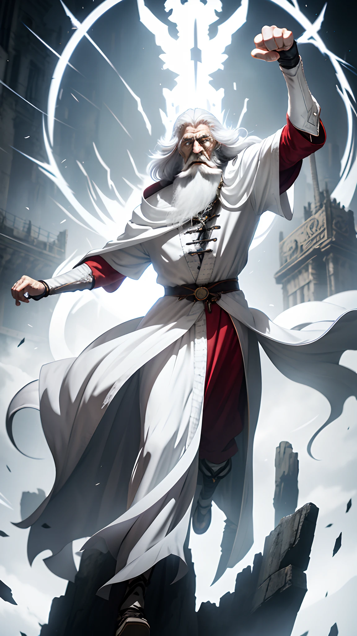 An old man in a white cloak, Long white hair and long beard，There is a red scar on the face，Strong realism, clean anime outlines, Villain pose, Pedal a sword，In mid-air， t-pose of wizard, Fighting posture, Anime art,intimidating pose