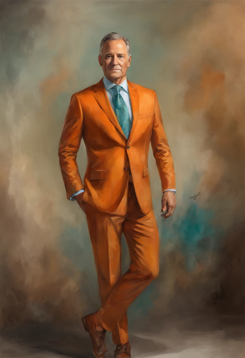 Man in orange suit and teal tie, flock, (((The whole body can be seen))), looki at viewer, sportrait, photography of, Detailed skins, Realistic, Fotorrealista, 8K, highly  detailed, full body in frame, Artistically, Highly detailed raw data, Penetrating, Soft and diffuse lighting, Shallow depth of field, foco nítido, ultra-realistic realism, Cinematic lighting