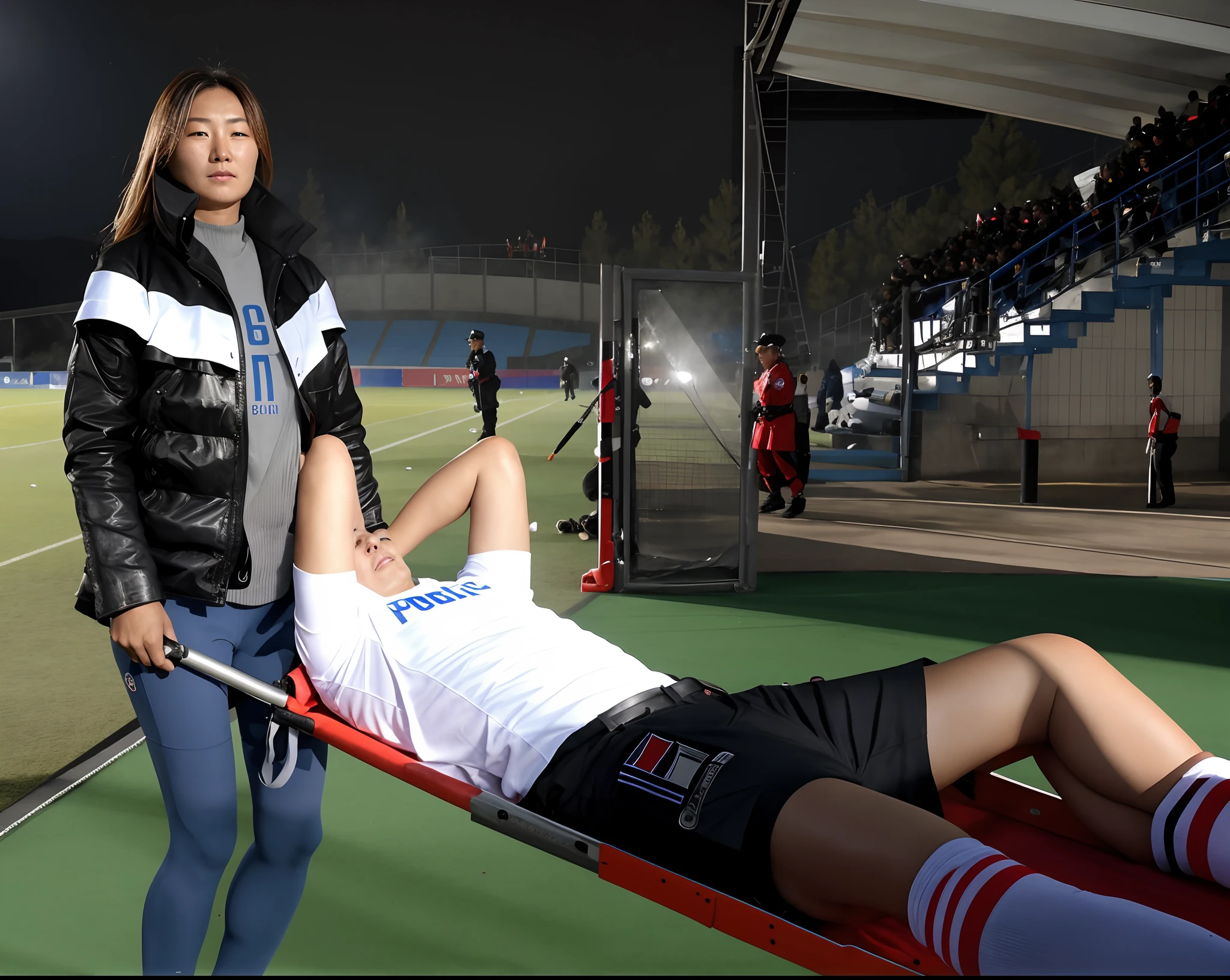the policewoman holds the stretcher in her hands, the policewoman grabs the handles of the stretcher with her hands, the man on the stretcher is visibly in pain, stadium atmosphere, the man is lying flat on his back on the stretcher and has his arm draped over his face, A scene at a soccer stadium in Mongolia, a man lying flat on his back on the stretcher with his arm over his face, lying flat on his back on the stretcher his arm is covering his face, he has his arm over his face while being carried on the stretcher, There is an attractive and heavily made-up Mongolian female police officer in a long black leather coat, A Mongolian female police officer in a shiny black leather coat on a soccer field, A Mongolian female police officer is holding a stretcher, A man is lying on the soccer stadium his back with his torso on the right in matt and roughened white and red sportswear on a stretcher, a man lies on a stretcher and has his left arm bent over his face, we only see the torso and thighs of the male athlete who is being carried with the stretcher to the left off the picture, the man lies on his back on the stretcher and covers his face with his bent left arm, the mongolian policewoman is exceptionally heavily made up and has an extremely desperate and very angry expression on her face, high-resolution photo, realistic sports photo, soccer scene, mongolia, mongolian policewoman, uniformed woman in black shiny long leather coat, injury scene, real photo, ultra realistic, high definition, sports photography