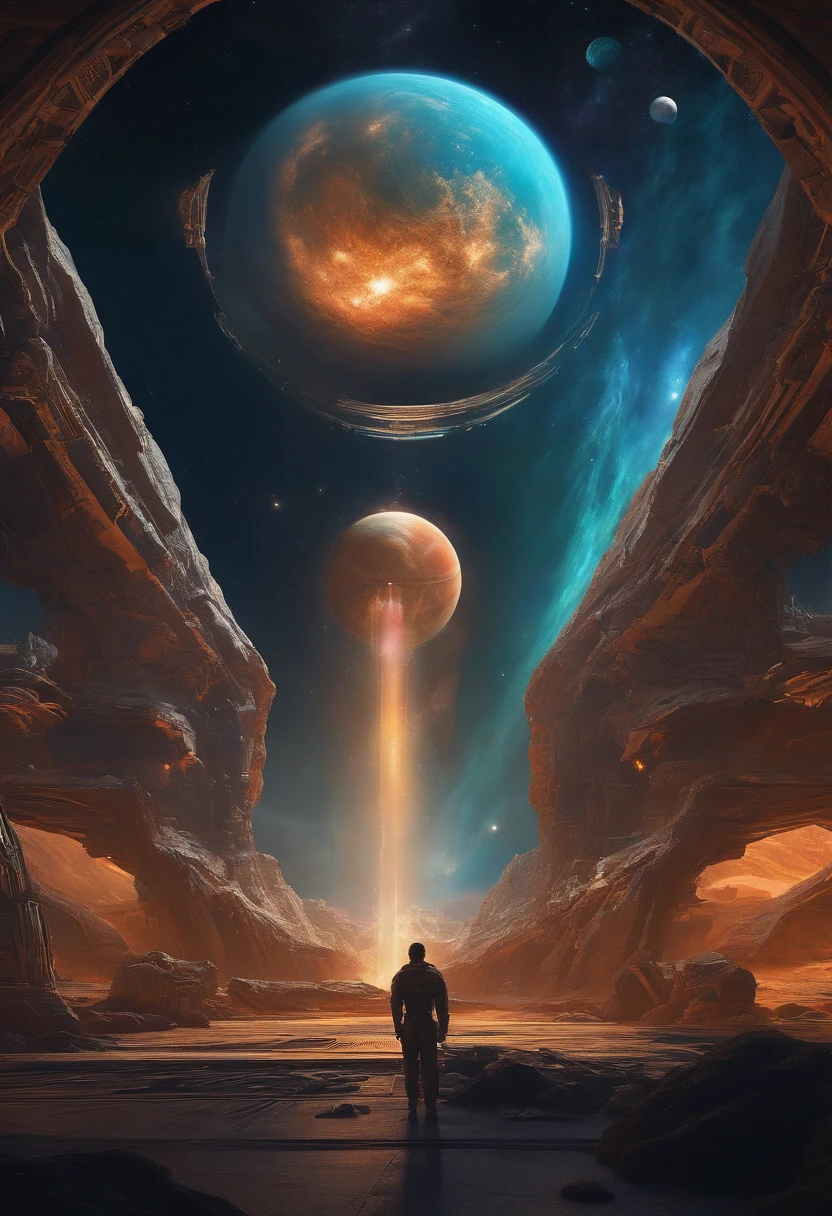 (best quality,highres,ultra-detailed,masterpiece:1.2),retrofuturism,spaceships,futuristic spaceships with sleek designs,highly detailed planet viewed from a spaceship,6 moons in orbit around the planet,colorful and vibrant,sci-fi,album cover,cosmic landscape,intense light and shadows,vivid colors,otherwordly atmosphere,sci-fi architecture,extraterrestrial vegetation,glowing neon lights,space exploration,looming sense of mystery and wonder,abstract shapes and patterns,impressive sense of scale,mesmerizing composition,spectacular celestial backdrop,brilliant explosions of starlight,interstellar travel,cosmic energy,awe-inspiring depth and dimension,surreal and captivating scenery