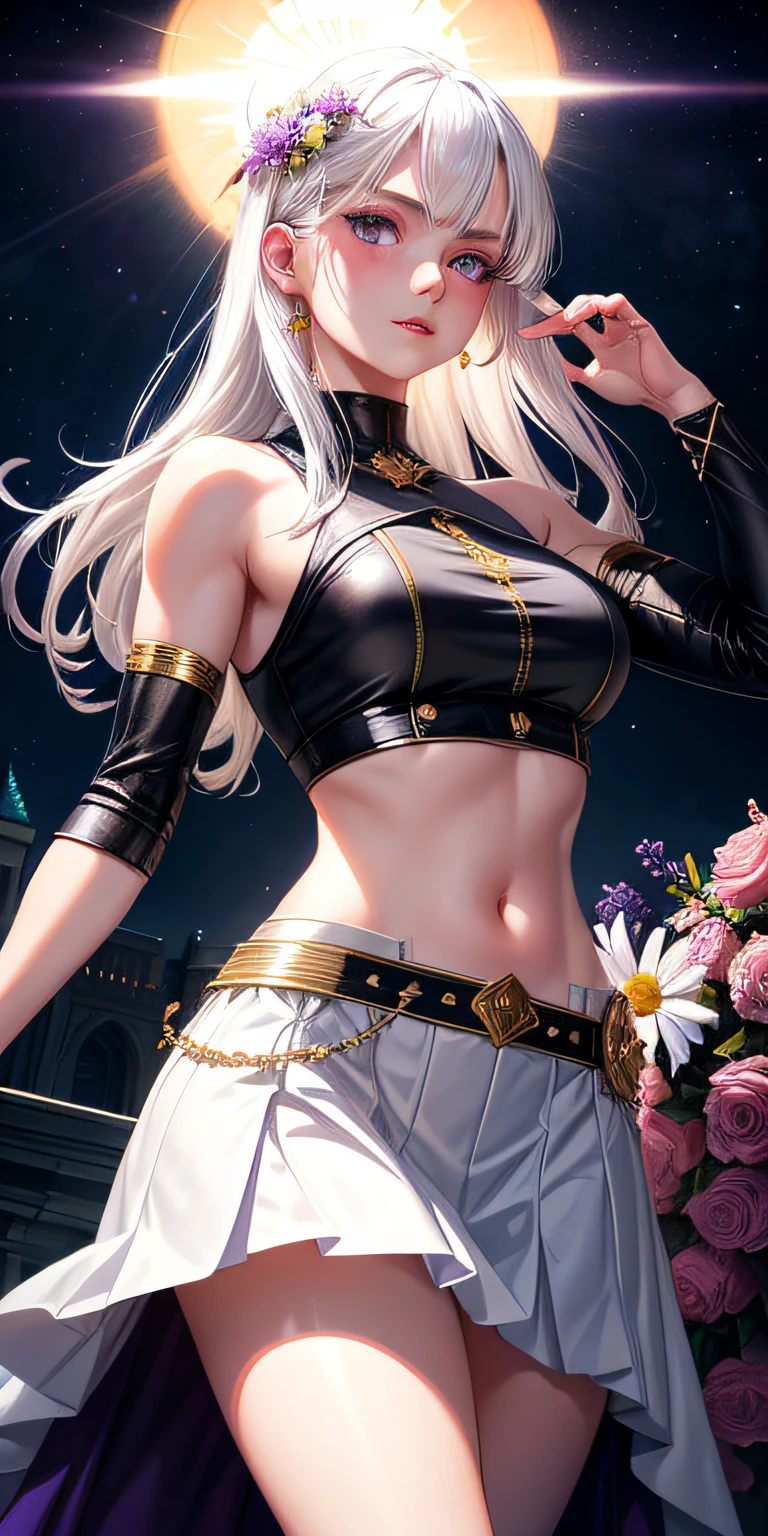 realistic, 1girl, white hair, purple eyes, glowing eyes, crop top, skirt, parted lips, blush, night, flowers, sun, sunlight,