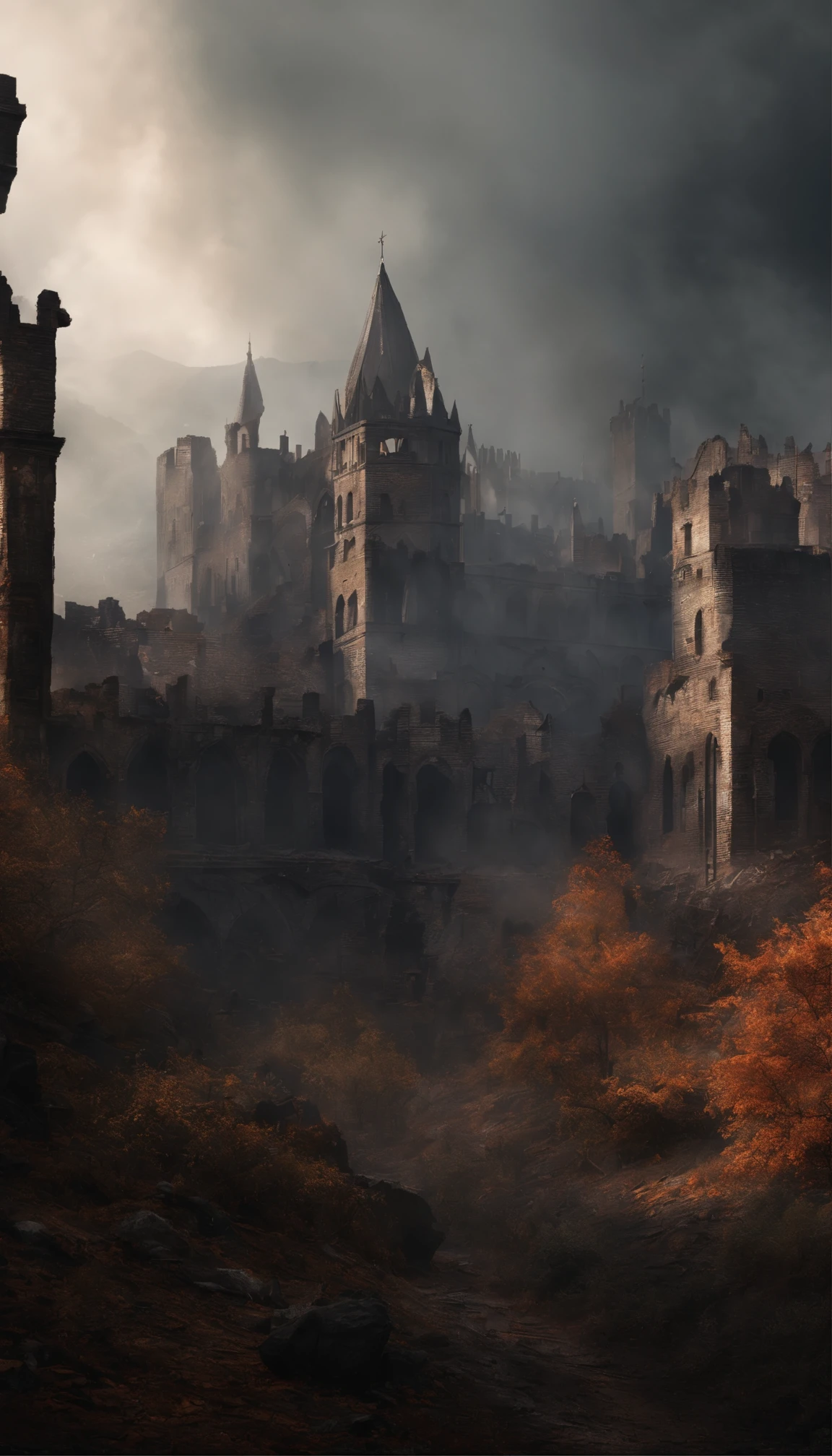 Destroyed medieval city, smoke, destroyed forest, shades of black, no fire, destroyed buildings