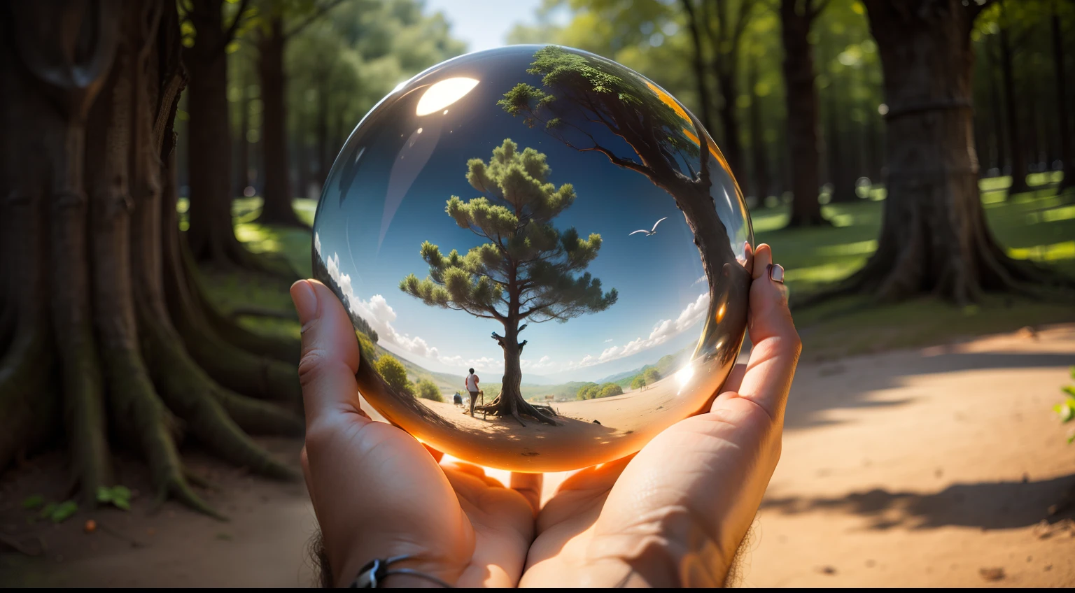 Human hand holding glass ball with tree inside. Environment conservation concept. High quality photo