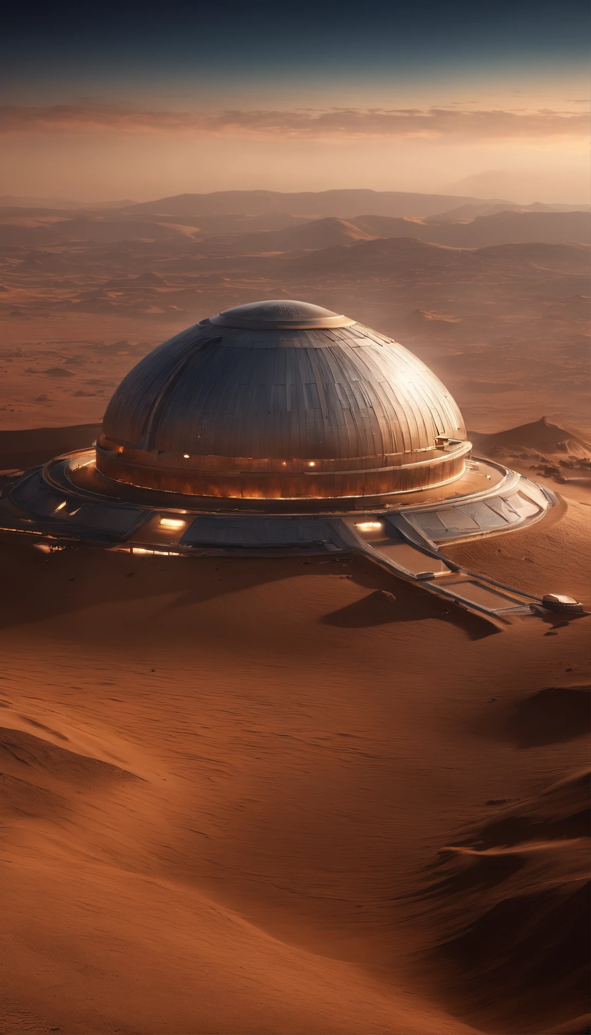 Alien base (Very detailed) In the mountainous desert，There are several exhaust fans and chimneys, Some spotlights come out of the base to illuminate dark places, (Extreme nights), Some clouds in the night sky, Some of the surrounding planets provide air to unknown planets，The farthest giant volcano is erupting
