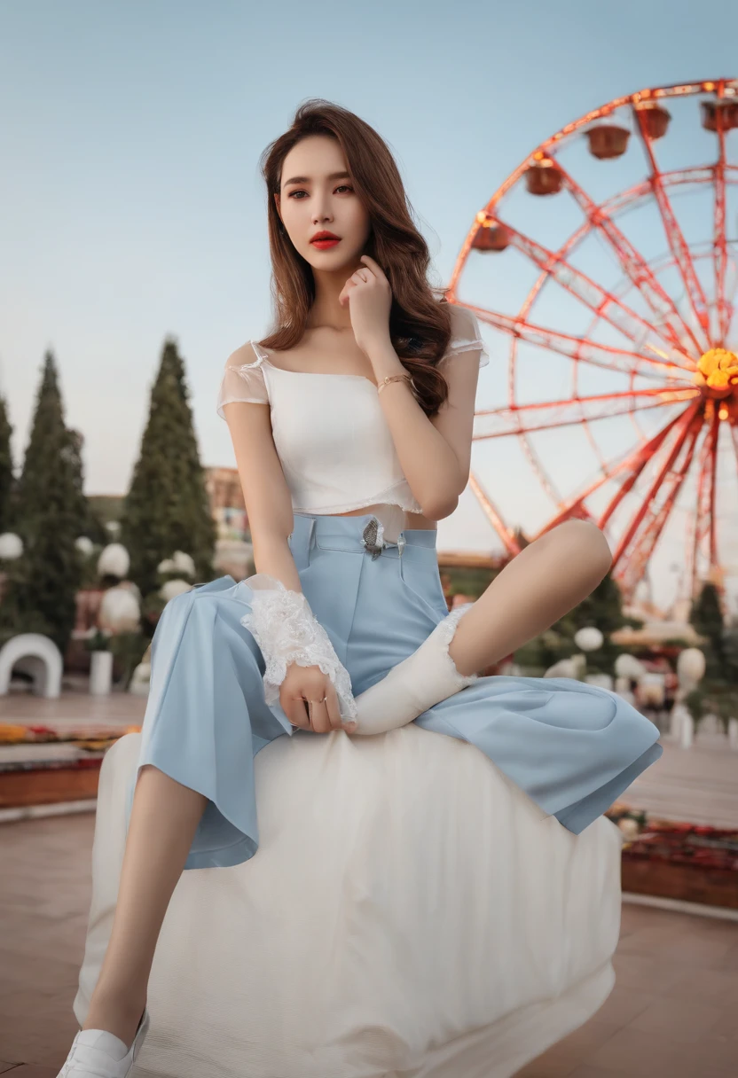 Ultra photo realsisim,poster for,hyper realisitc,(Delicate facial features1.5)(Super delicate hand 1.6)(Fair skin type 1.5),Gentle lighting,(Sunshine 1.3)Super light and shadow,A 19-year-old boy leads an 18-year-old girl,blissful,sweet,ssmile,closeup cleavage(50mm focal length),(Boy's white shirt,Casual trousers 1.3),(Girls light blue denim back strap cropped pants 1.3,Little white socks)Little white shoes for couples,Amusement park Ferris wheel background,(Idol drama style 1.2)Hyper-realistic,Extreme light chasing,(Delicate skin1.5),Photorealistic photos,closeup cleavage