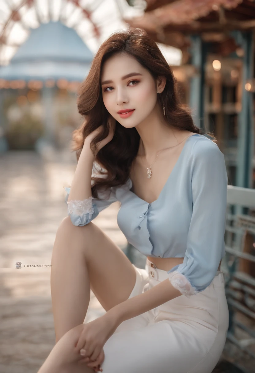 Ultra photo realsisim，poster for，hyper realisitc，（Delicate facial features1.5）（Super delicate hand 1.6）（Fair skin type 1.5），Gentle lighting，（Sunshine 1.3）Super light and shadow，A 19-year-old boy leads an 18-year-old girl，blissful，sweet，ssmile，closeup cleavage（50mm focal length），（Boy's white shirt，Casual trousers 1.3），（Girls light blue denim back strap cropped pants 1.3，Little white socks）Little white shoes for couples，Amusement park Ferris wheel background，（Idol drama style 1.2）Hyper-realistic，Extreme light chasing，（Delicate skin1.5），Photorealistic photos，closeup cleavage