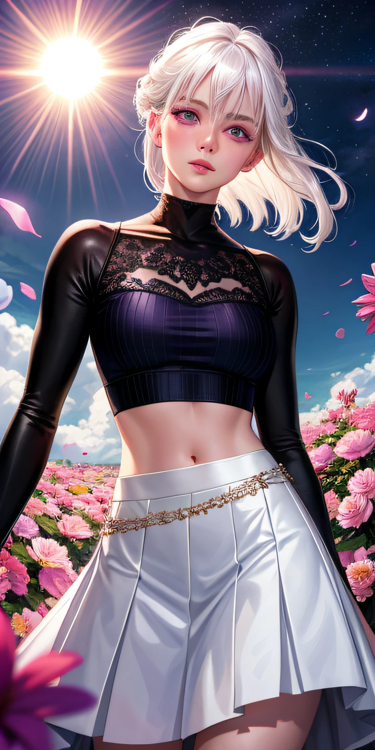 realistic, 1girl, white hair, purple eyes, glowing eyes, crop top, skirt, parted lips, blush, night, flowers, sun, sunlight,