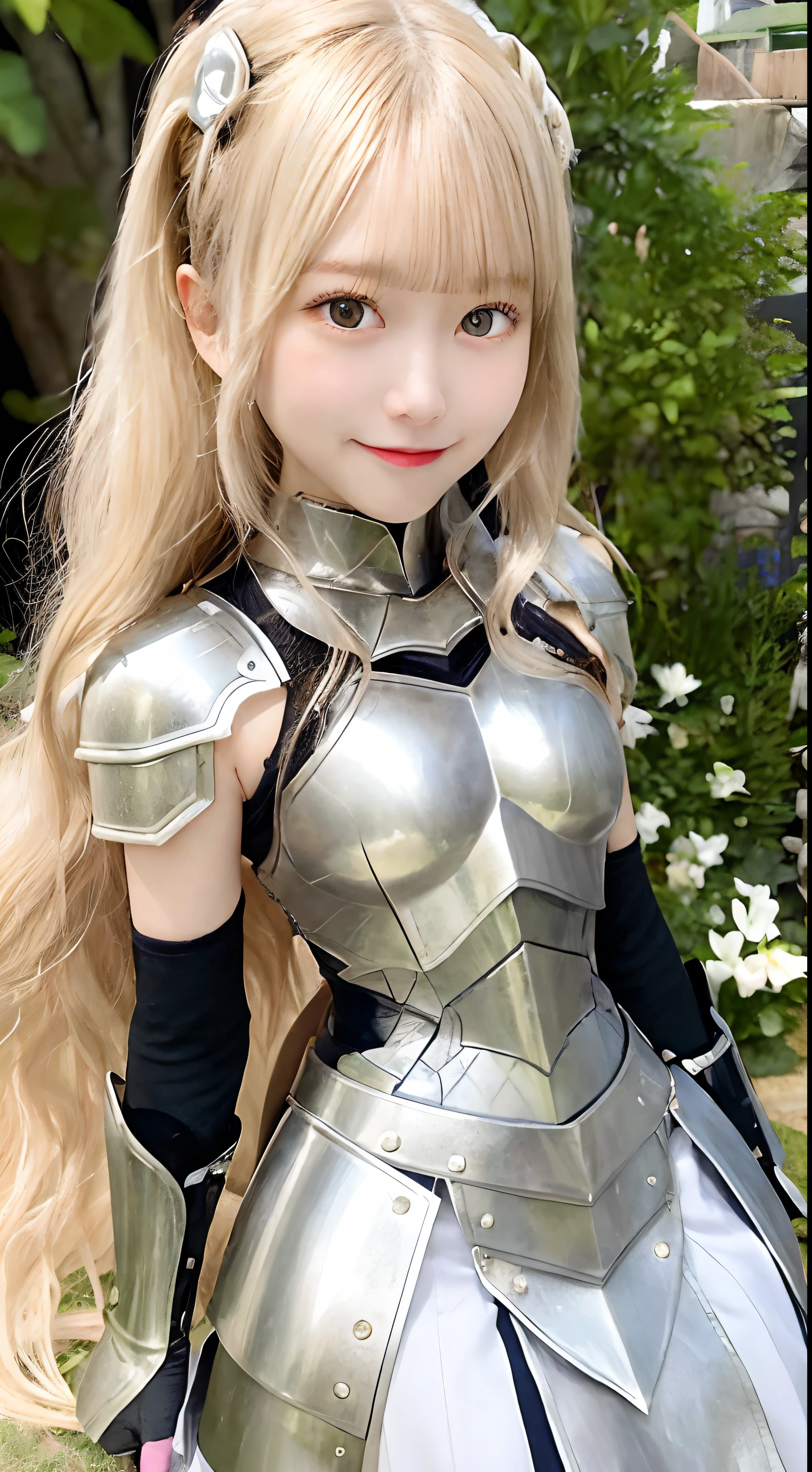 iced, 1girl in, Solo, Blonde hair, armor, Long hair, Straight hair, Dress, Yellow eyes, breastplates, Shoulder Armor, gloves, A smile、lawn、suns、verdant、The upper part of the body、japanes、cute little