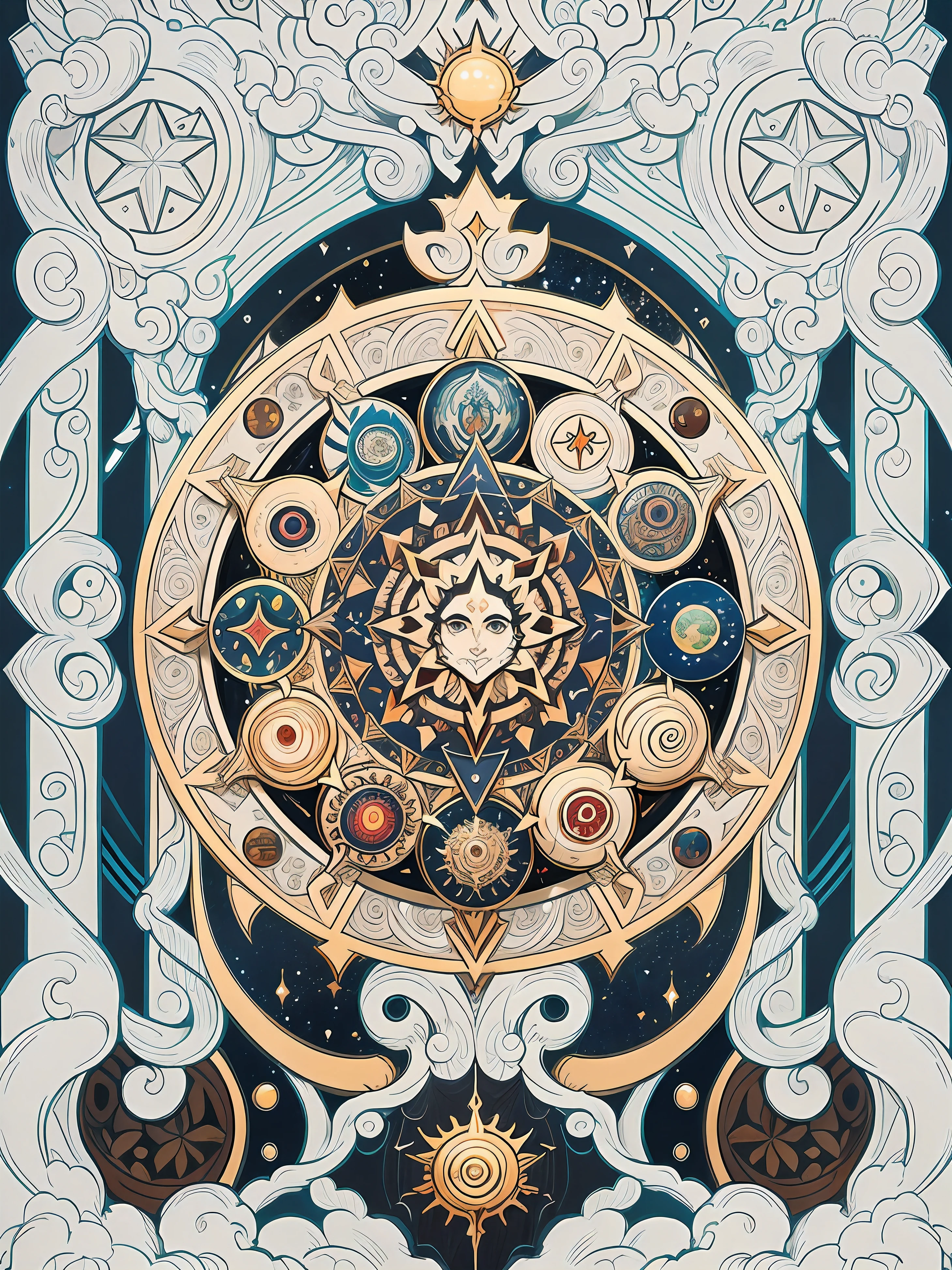 official art, 8k unit wallpaper, ultra detailed, beautiful and aesthetic, high quality, beautiful, masterpiece, best quality (zentangle, mandala, tangled, tangled: 0.6), symmetrical, symmetrical, mandala with the symbol of the 12 signs of the zodiac (zodiac symbol:1.0), symbolization of the planets and orbits, Sun in the center. symmetric fibonaccci.