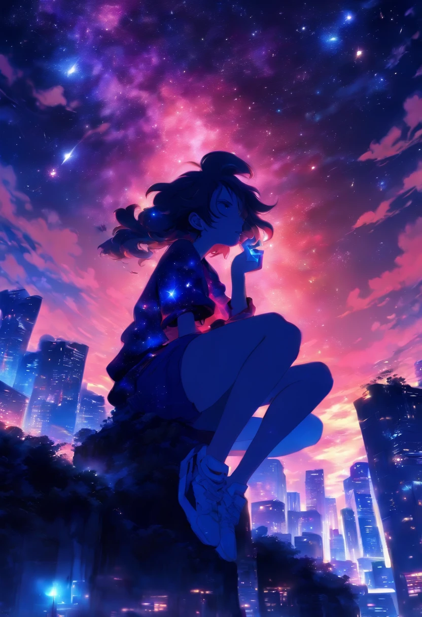 octans, sky, star (sky), scenery, starry sky, night, 1girl smoking, night sky, solo, outdoors, building, cloud, milky way, sitting, tree, long hair, city, silhouette, cityscape