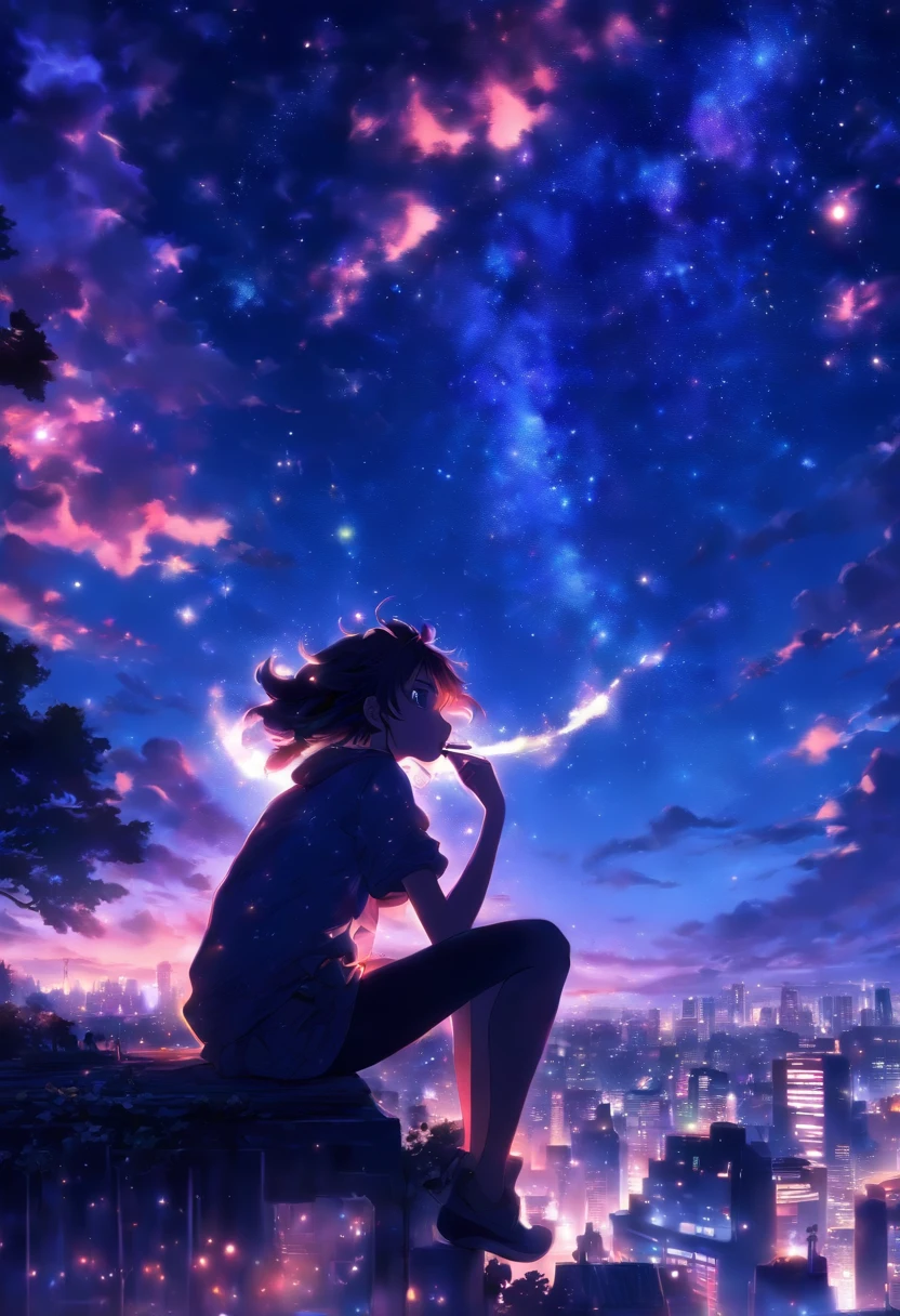 octans, sky, star (sky), scenery, starry sky, night, 1girl smoking, night sky, solo, outdoors, building, cloud, milky way, sitting, tree, long hair, city, silhouette, cityscape