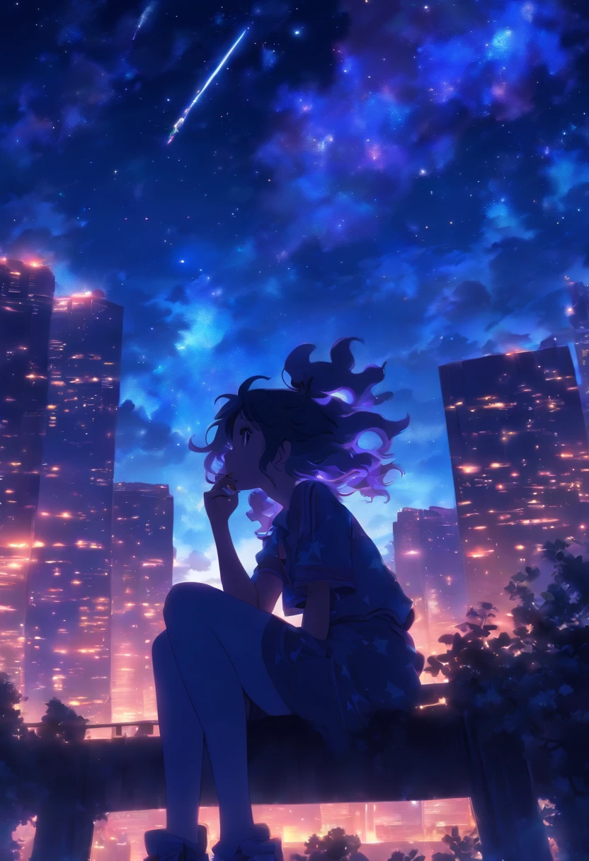 octans, sky, star (sky), scenery, starry sky, night, 1girl smoking, night sky, solo, outdoors, building, cloud, milky way, sitting, tree, long hair, city, silhouette, cityscape