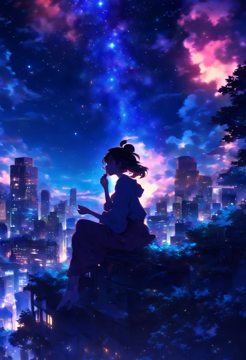 A girl sitting on a ledge looking at the city at night - SeaArt AI