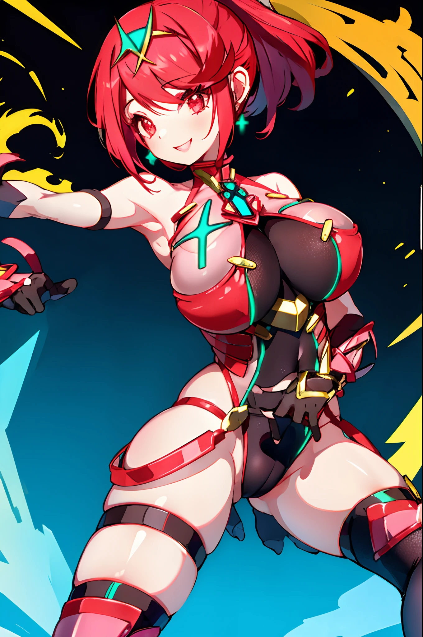 pyra \(xenoblade\), _1girl, lolings, black gloves, breasts, red eyes, shout, earrings, eyelashes, fingerless gloves, floating hair, , gem, gloves, hair ornament, headpiece, jewelry, big_breasts, leaning back, swimsuit, neon trim, official art, pose, red hair, saitou masatsugu, short hair, sidelocks, skin tight, solo, swept bangs, thighhighs, tiara, fantasy_town_background, underbust, xenoblade chronicles \(series\), (xenoblade chronicles 2), (spread_legs:1.1), fire_effect,dynamic_pose,fighting,light_smile, (plump:1.1), big_ass,huge_sword, hold_large_sword_hilt, covered_nipples, covered_pussy,back_view, fists,ponytail,beautiful_fingers,(solo:1.1), bare_shoulder,(shoulder_naked:1.2)