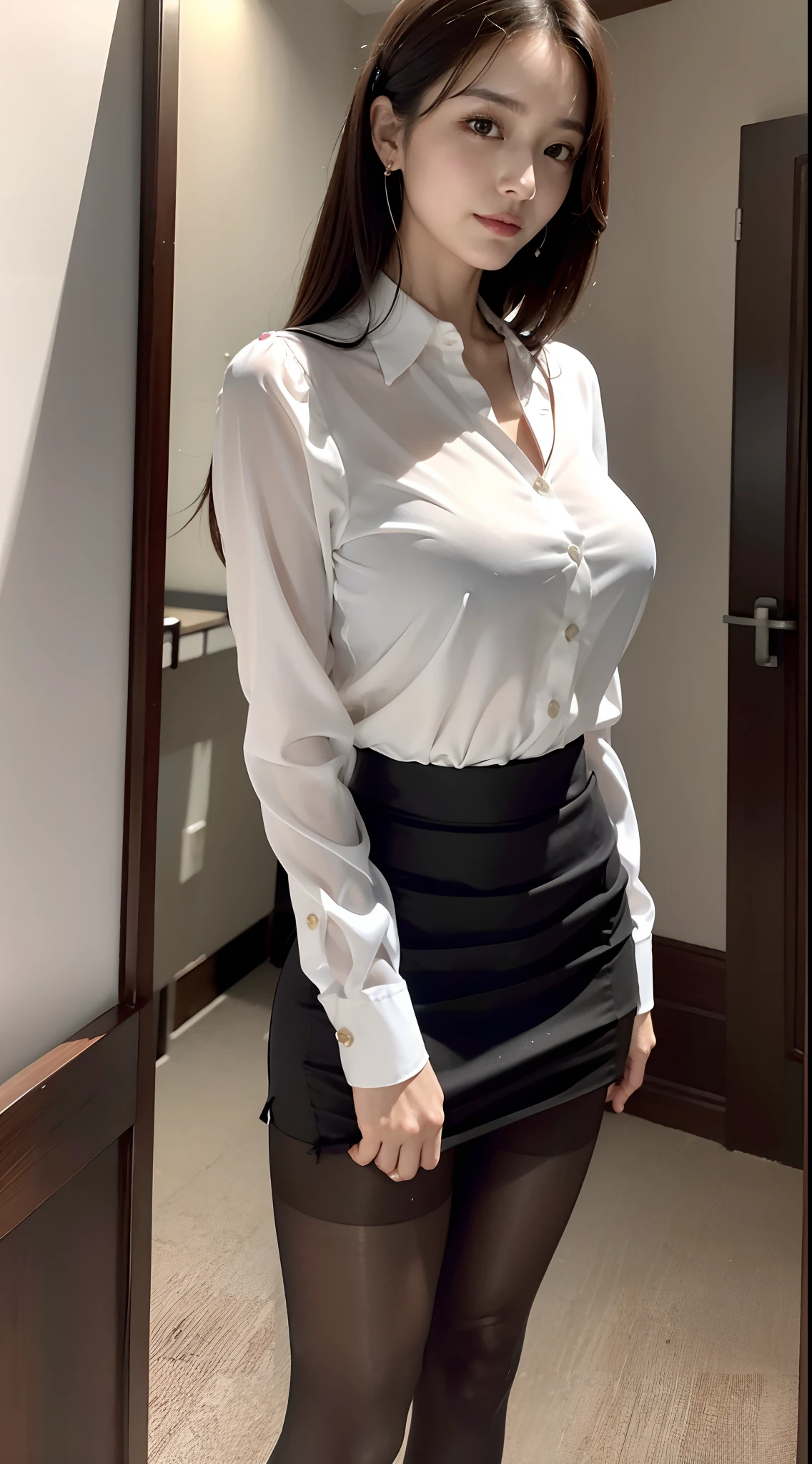 face is :9,1870450717], Classy upper-class elite secretary in luxury silk blouse, Skirt and thighs、27yo、stature　162cm、Climb the stairs、Office Clothes, (Wearing pantyhose,Realistic Pantyhose)、photographed from the back、Bend forward、Document Hold、Buttocks in skirts、pantiy、working in an office、Wearing a strict business suit, Wear high-end high heels、Blouse girl, Wearing an elegant blouse, Wearing an ultra-thin blouse, businesswoman, Blouses and skirts, Wearing a silk blouse, Wear shirts and skirts, Raw photo, (8K、top-quality、​masterpiece:1.2)、(intricate detailes:1.4)、(Photorealsitic:1.4)、octane renderings、Complex 3D rendering ultra detail, Studio Soft Light, Rim Lights, vibrant detail, super detailing, realistic skin textures, Detail Face, Beautiful detail eyes, Very detailed CG Unity 16k wallpaper, make - up, (detailedbackground:1.2), shinny skin、turned around、Exposed thighs!!!,