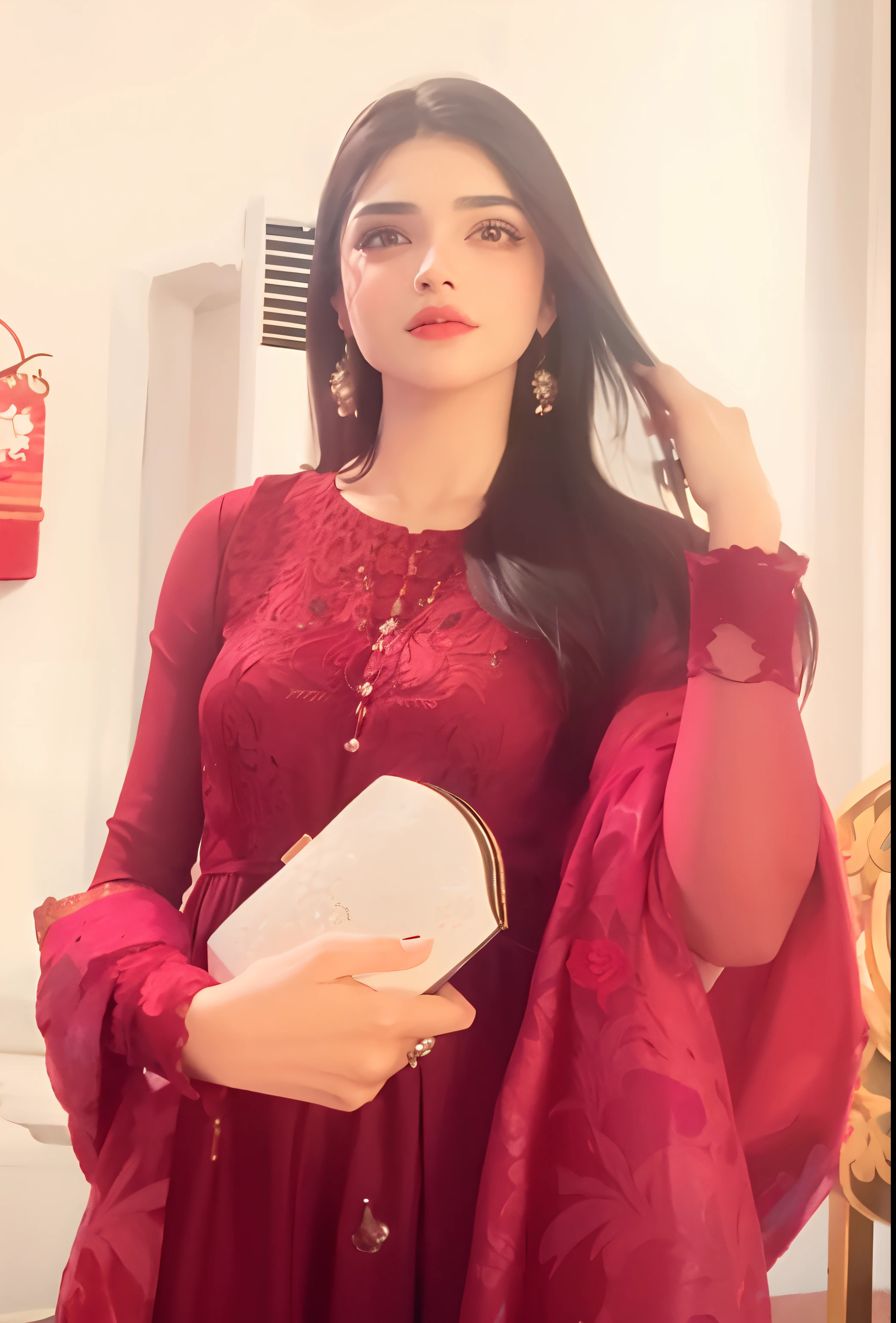 a woman in a red dress holding a white clutch, inspired by Ambreen Butt, maya ali as a d&d mage, wearing a red outfit, maya ali as d&d sorcerer, maya ali, red clothes, very very high quality picture, mage, wearing red attire,