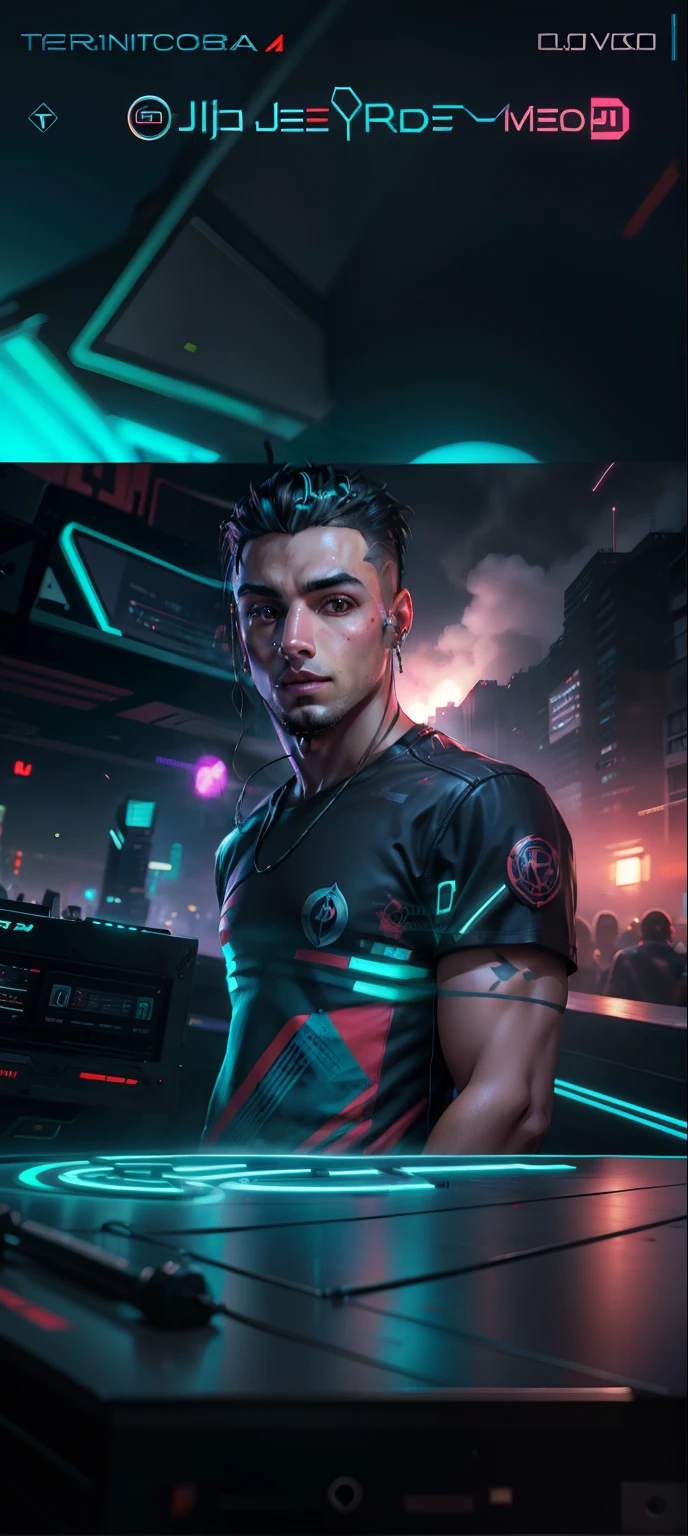 Handsome boy cyberpunk realistic dj background, 8k ultra realistic