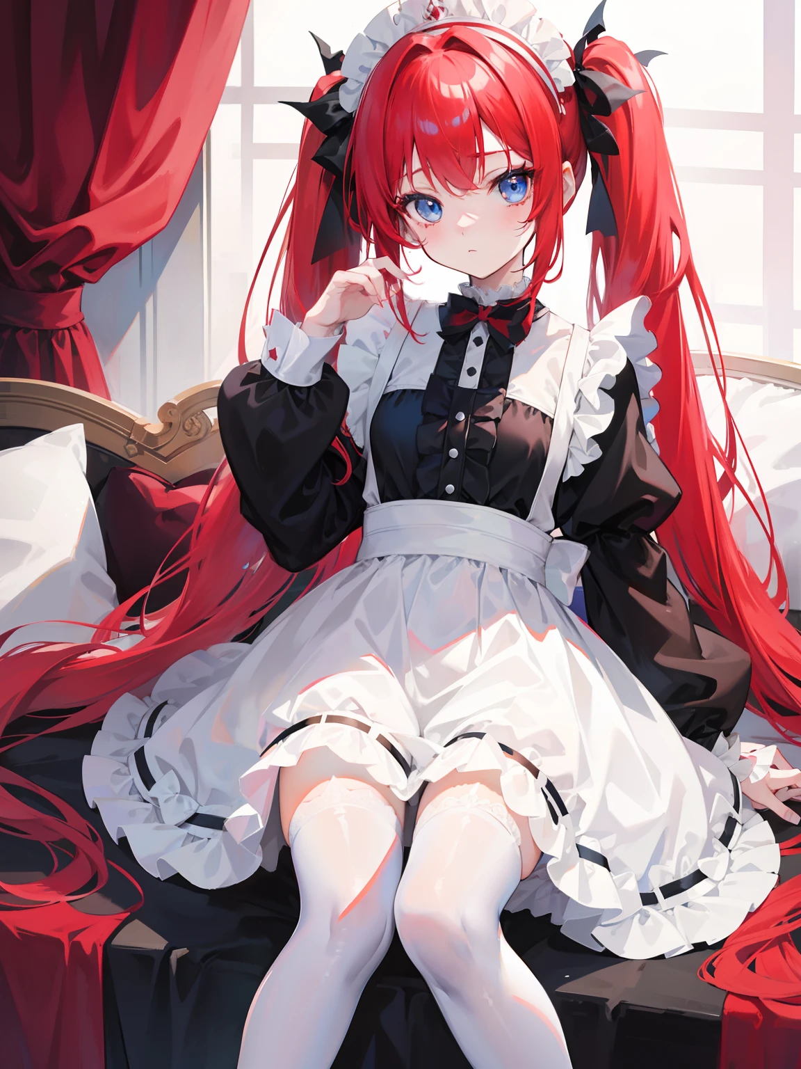 red hair,blue eyes,twintails,maid, long hair, long sleeves, gothic, solo, loli,Short skirt, white stockings,{{best quality}}, {{masterpiece}}, {{ultra-detailed}}, {illustration}, {detailed light}, {an extremely delicate and beautiful},little girl,cute,