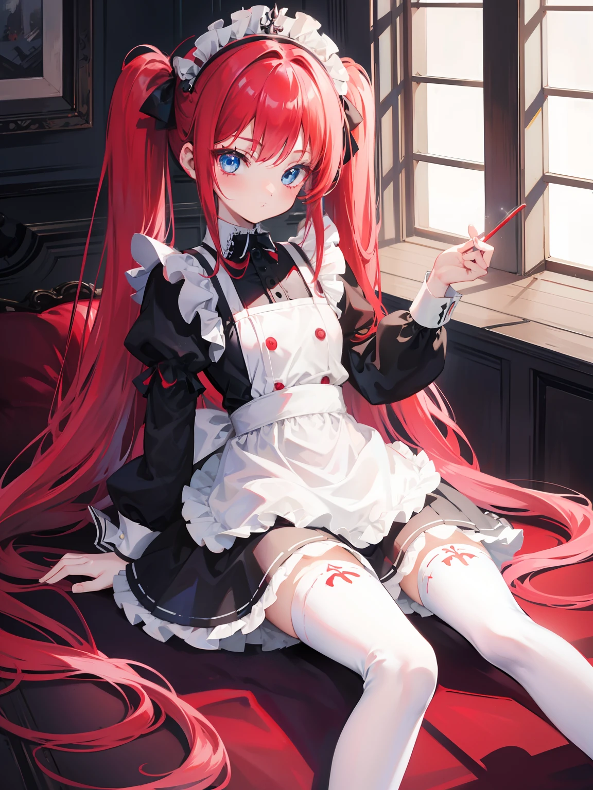 red hair,blue eyes,twintails,maid, long hair, long sleeves, gothic, solo, loli,Short skirt, white stockings,{{best quality}}, {{masterpiece}}, {{ultra-detailed}}, {illustration}, {detailed light}, {an extremely delicate and beautiful},little girl,cute,