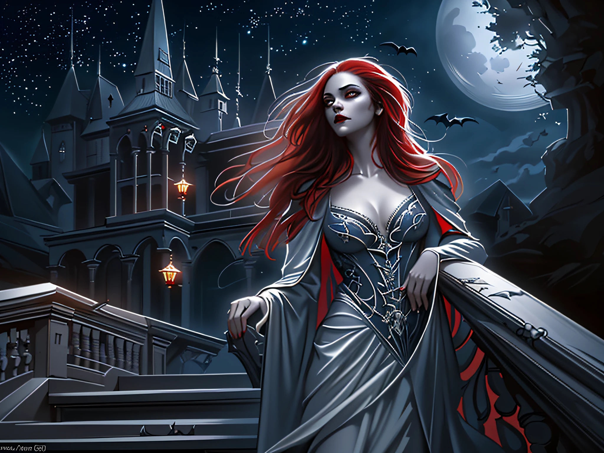 a fantasy art picture of an exquisite beautiful female vampire standing under the starry night sky on the porch of her castle, dynamic angle (ultra detailed, Masterpiece, best quality), ultra detailed face (ultra detailed, Masterpiece, best quality), ultra feminine, grey skin, red hair, wavy hair, dynamic eyes color, cold eyes, glowing eyes, intense eyes, dark red lips, [fangs], wearing white dress, elegant style dress (ultra detailed, Masterpiece, best quality), wearing blue cloak (ultra detailed, Masterpiece, best quality), long cloak, flowing cloak (ultra detailed, Masterpiece, best quality), wearing high heeled boots, sky full of stars background, moon, bats flying about, fantasy art, high details, best quality, 8k, [ultra detailed], masterpiece, best quality, (ultra detailed), full body, ultra wide shot, photorealism, dark fantasy art, dark fantasy art, gothic art, many stars, dark fantasy art, gothic art, sense of dread,