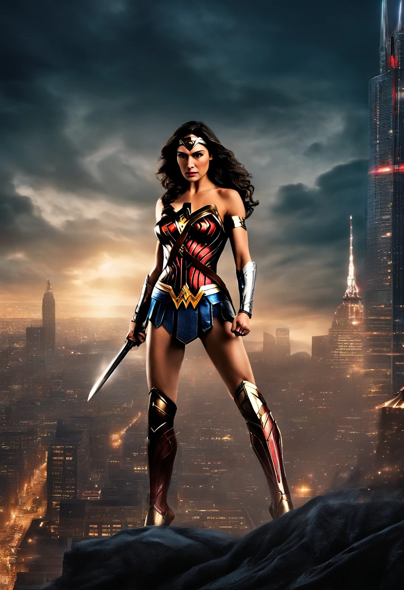 Theme: The Rise of Superheroes Scene: In a technologically advanced future world, a huge city is surrounded by high-tech buildings and bustling streets. In the sky, drones and aircraft shuttle constantly, and in the center of the city, a huge superhero statue stands there. In this scene, the Wonder Woman stands on a tall building, with magnificent buildings and dazzling lights behind her, and a chaotic urban scene in front of her. Composition: The Wonder Woman stands on the top floor of a tall building, her body leaning forward slightly, one hand reaching into the sky, and the other holding a laser gun. Below her was a chaotic urban scene, with people running and screaming, and vehicles and drones shuttling through it. Behind her, the lights of the building flickered, complementing the light of her laser gun. Film Realistic Style: The visuals are presented in a cinematic realistic style, with details of the costumes and weapons of the Wonder Woman clearly visible, and the city scene is also very realistic. The colors are mainly black, white, and gray, echoing the chaos and mystery of the city. 8K high-definition image quality: The image clarity is extremely high, and the details of the Wonder Woman's clothing, the light of the laser gun, the lighting of buildings, and the details of the city scene are all clearly visible, making people feel as if they are immersive. Theme: The Rise of Superheroes Scene: In a technologically advanced future world, a huge city is surrounded by high-tech buildings and bustling streets. In the sky, drones and aircraft shuttle constantly, and in the center of the city, a huge superhero statue stands there. In this scene, the Wonder Woman stands on a tall building, with magnificent buildings and dazzling lights behind her, and a chaotic urban scene in front of her. Composition: The Wonder Woman stands on the top floor of a tall building, her body leaning forward slightly, one hand reaching into the sky, and the other holding a laser gun.