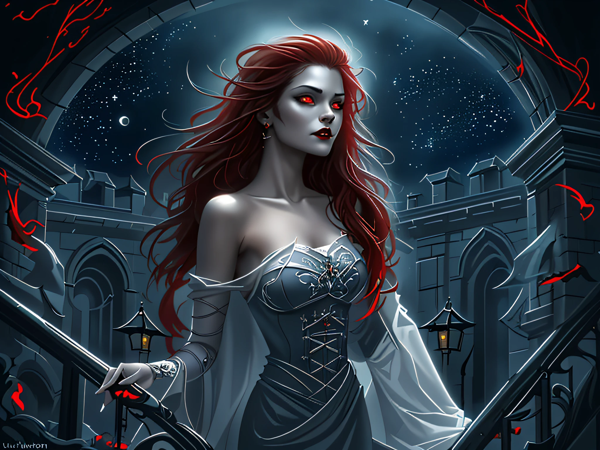 a fantasy art picture of an exquisite beautiful female vampire standing under the starry night sky on the porch of her castle, dynamic angle (ultra detailed, Masterpiece, best quality), ultra detailed face (ultra detailed, Masterpiece, best quality), ultra feminine, grey skin, red hair, wavy hair, dynamic eyes color, cold eyes, glowing eyes, intense eyes, dark red lips, [fangs], wearing white dress, elegant style dress (ultra detailed, Masterpiece, best quality), wearing blue cloak (ultra detailed, Masterpiece, best quality), long cloak, flowing cloak (ultra detailed, Masterpiece, best quality), wearing high heeled boots, sky full of stars background, moon, bats flying about, fantasy art, high details, best quality, 8k, [ultra detailed], masterpiece, best quality, (ultra detailed), full body, ultra wide shot, photorealism, dark fantasy art, dark fantasy art, gothic art, many stars, dark fantasy art, gothic art, sense of dread,