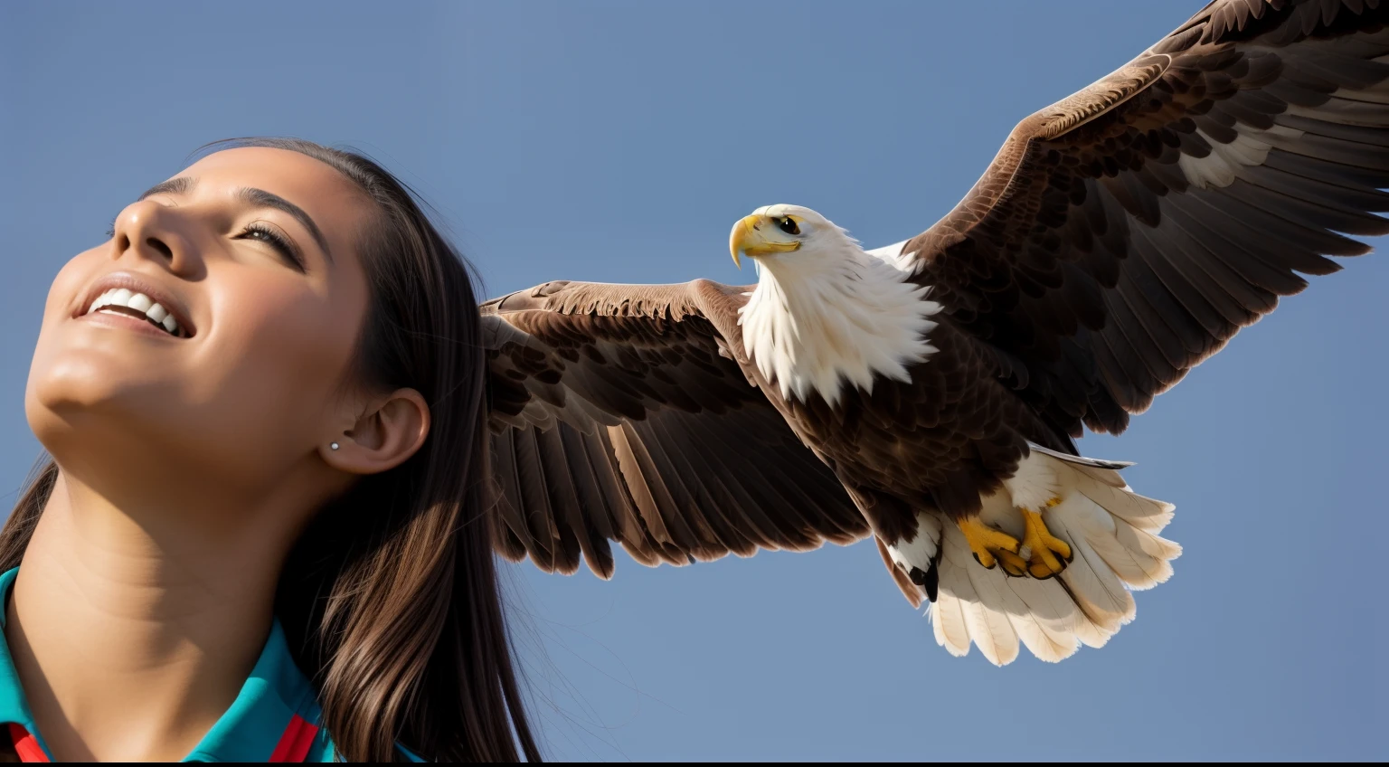Uma pessoa em meio a desafios e problemas, Looking to the sky with hope, as eagles fly above her, symbolizing trust in the Lord to overcome obstacles.