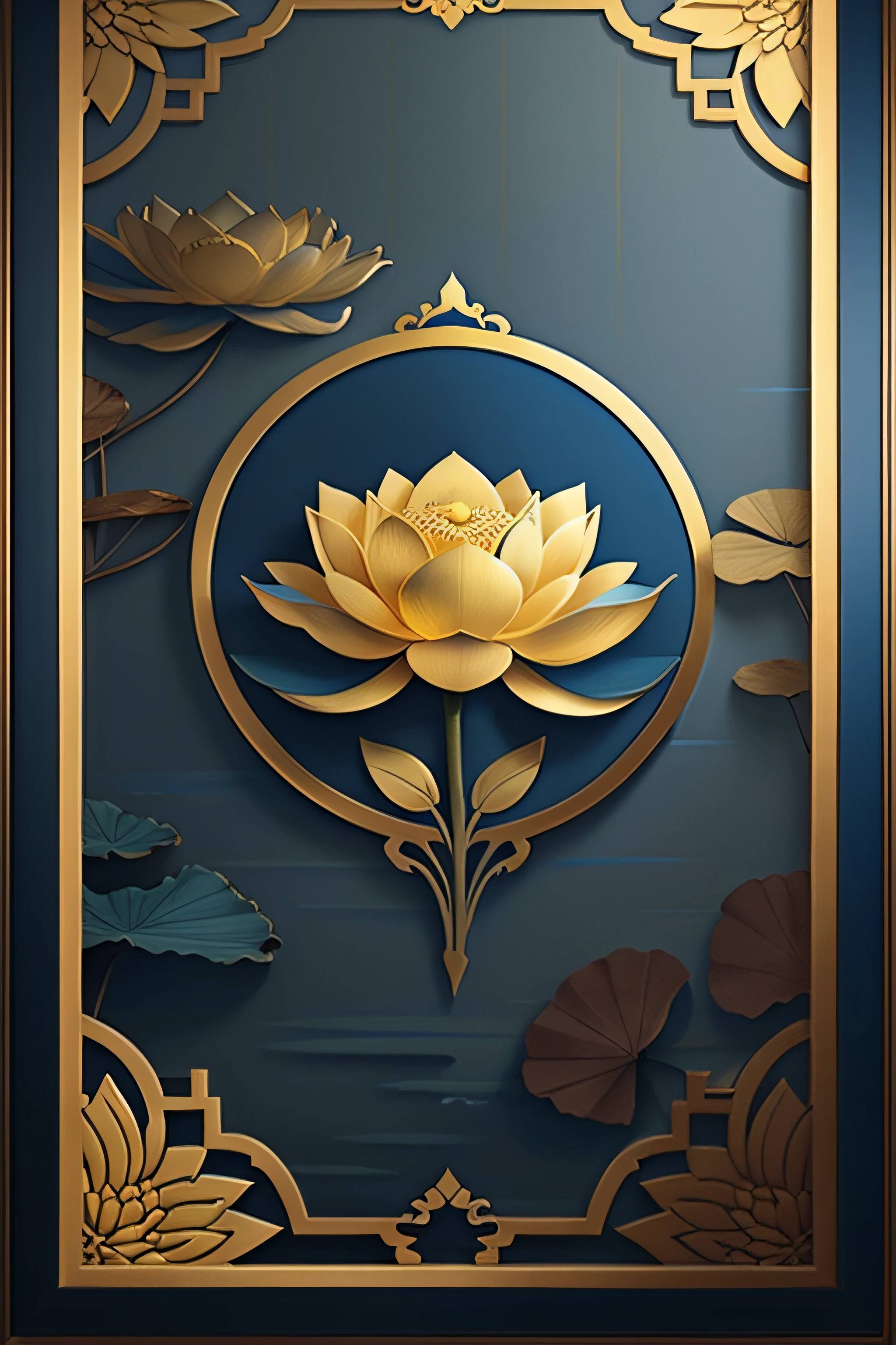 lotus flower ,Lotus leaf,Chinese wall art in blue and gold,Dark blue Chinese art print, Chinese décor, Minimalist wall art, Indigo