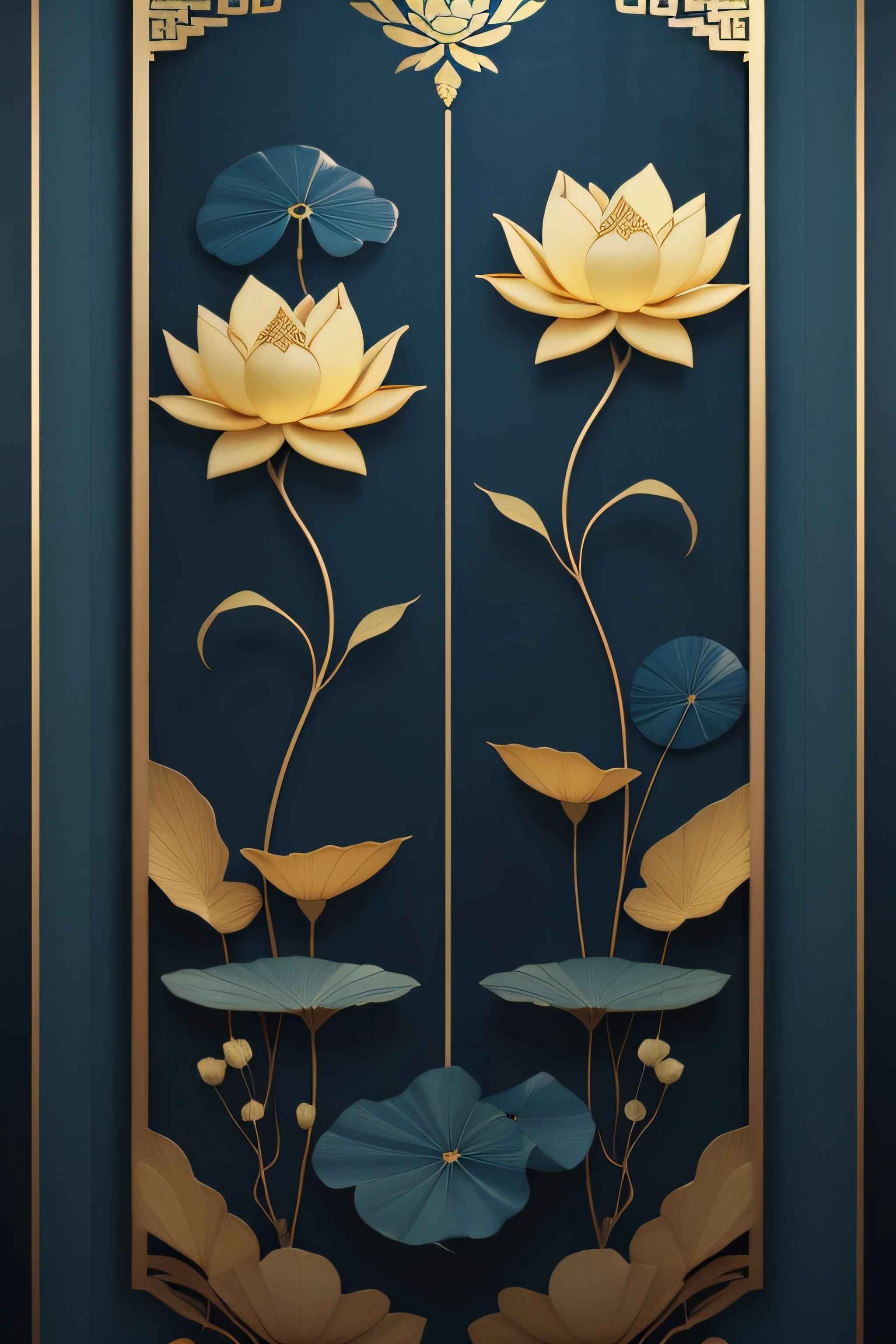 lotus flower ,Lotus leaf,Chinese wall art in blue and gold,Dark blue Chinese art print, Chinese décor, Minimalist wall art, Indigo