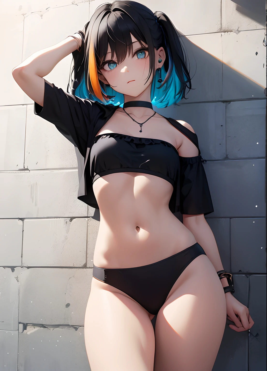tmasterpiece， Best quality at best， 1girll， 独奏，， Wear only panties bandeau， choker necklace， （scribbles：1.5）， paint splatter， Behind the arm， against a wall， looking at viewert， armlets， thigh band， Paint on the body， tilt of the head， Nudy， O cabelo multicolorido， Water-colored eyes， Earphone，