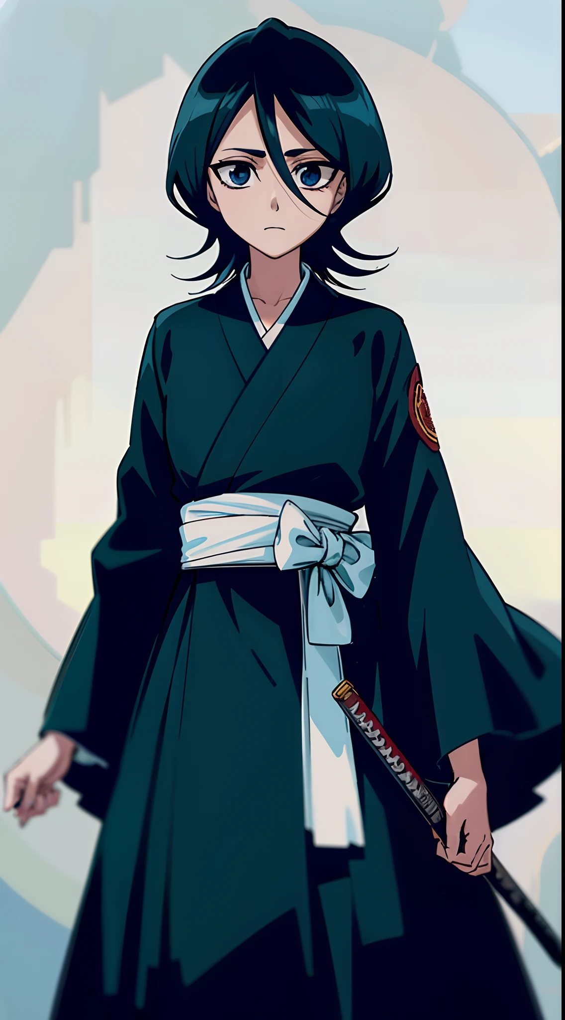 Alta qualidade, melhor qualidade, 4k, 8k, 1 girl, Kuchiki Rukia, Kimono preto, roupa preta, katana, espada, cabelo curto, cabelo preto, cabelo curto preto, olhos roxos, obra prima, altas luzes, ao ar livre, detalhes, shinigami