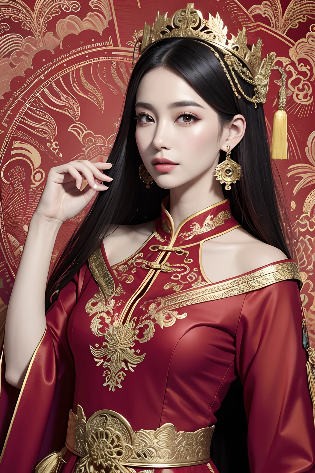 A woman in a red and gold Chinese dress，Phoenix crown，a chinese wedding，（tmasterpiece，top Quority，best qualtiy，offcial art，Beauty and aesthetics：1.2），（1girll：1.3），The is very detailed，（s fractal art：1.1），Most detailed，（ zentangle:1.2), full bodyesbian, (abstract backgrounds:1.3), (Shiny skin), (many color:1.4), ,(Earrings), (feater:1.5),