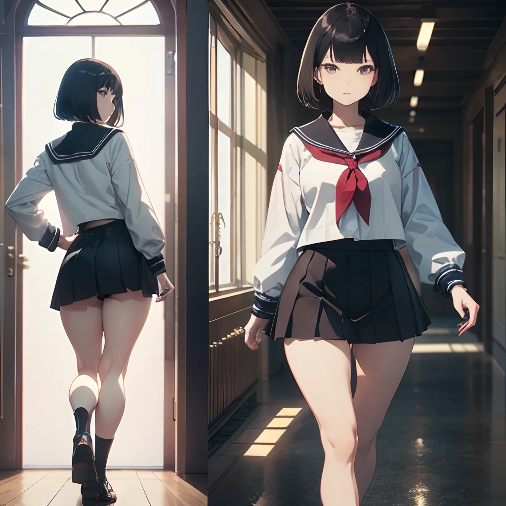 Official art、Best Quality、Unity 8k Wallpapers、masterpiece、ultra-detailliert、超A high resolution、realisitic、Photorealsitic:1.2)、(Cinematic lighting:1.2)、Fireglow effect、film grains、Best Shadows、side lights、sideshot、(Ultra-detailed and complex 3D rendering)、Detailed beautiful face and eyes、A slender、Medium bust、(Full body:1.2)、((In clothing))、Highly detailed background、cowboy shot, detailed faces and eyes、beauitful face、blurry backround、16-year-old beautiful girl、shinny skin、short-hair、Beautiful black hair、Blunt bangs、Red Eye、(Katyusha:1.2)、a sailor suit、Mini skirt、Curve、thighs thighs thighs thighs