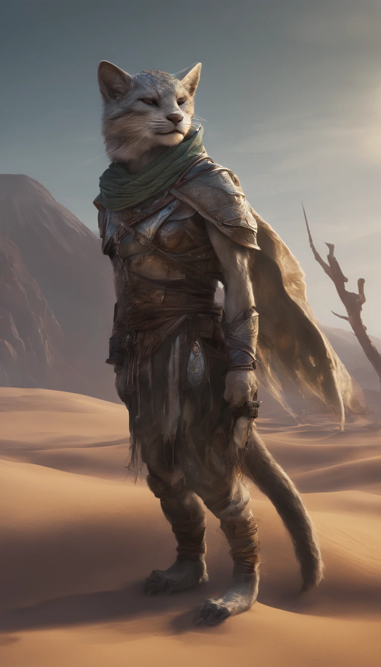 (Best quality,4K,8K,A high resolution,Masterpiece:1.2),Ultra-detailed,(Realistic,Photorealistic,photo-realistic:1.37),Gray Khajiit from Skyrim，Green eyes contemplative moment on desert dunes, There is a new moon in the night sky,illustration,sportrait,Vivid colors,Sandy,Sunset lighting,Moonlight