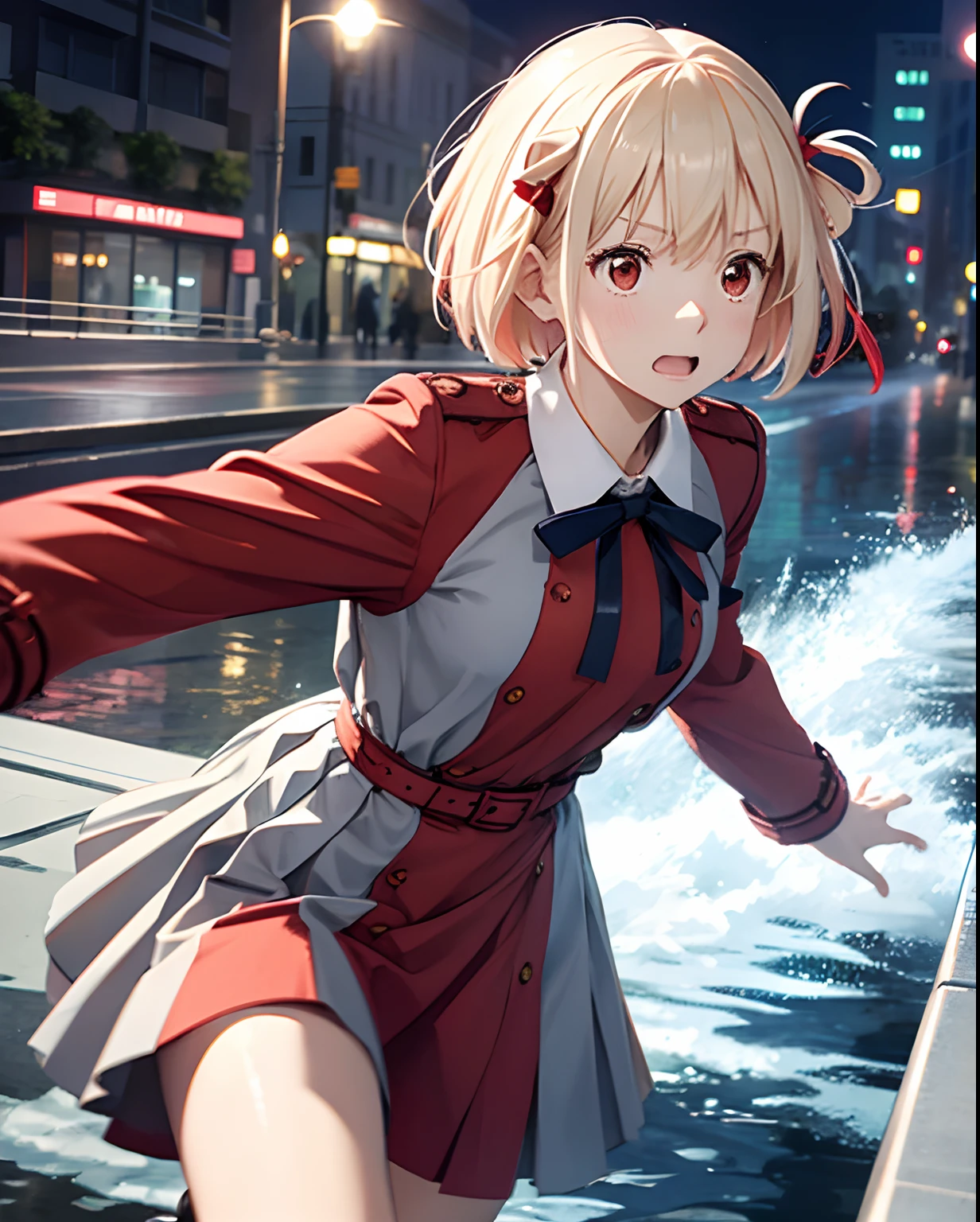 1Girl, nishikigi chisato, short hair, bangs, blonde hair, (red eyes:1.5), hair ribbon, one side up, bob cut, BREAK shirt, long sleeves, dress, ribbon, white shirt, collared shirt, belt, neck ribbon, red dress, blue ribbon, pleated dress, grey dress, two-tone dress, red belt, lycoris uniform, BREAK (running with a flustered expression, night, metropolis, main street, Stream-like effect, blur:1.3), from side,