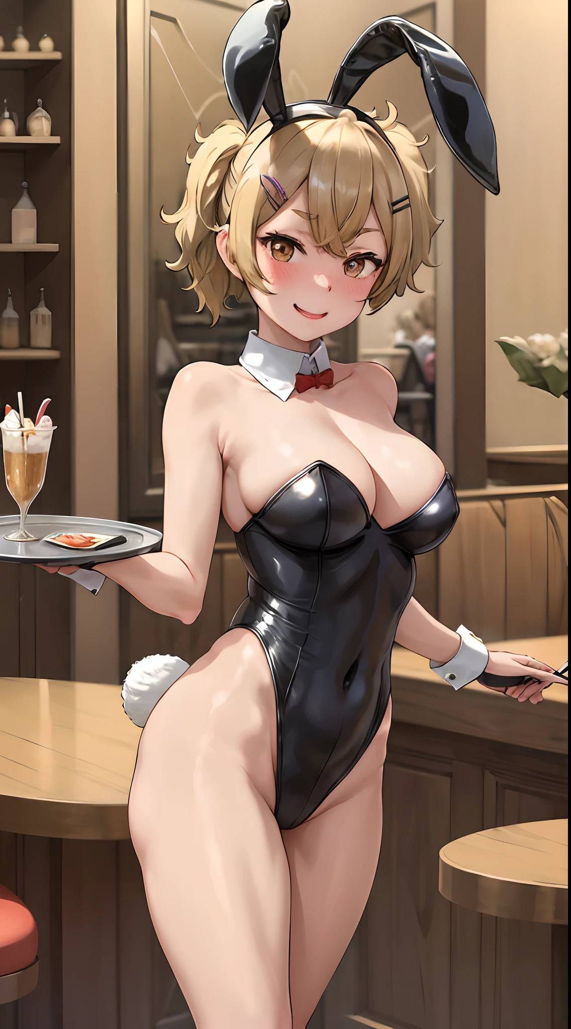 masterpiece, absurdres , 1girl, hairclip, playboy bunny, rabbit ears, fake animal ears, latex leotard, holding tray, indoors, restaurant, smile, thighs, surprised,