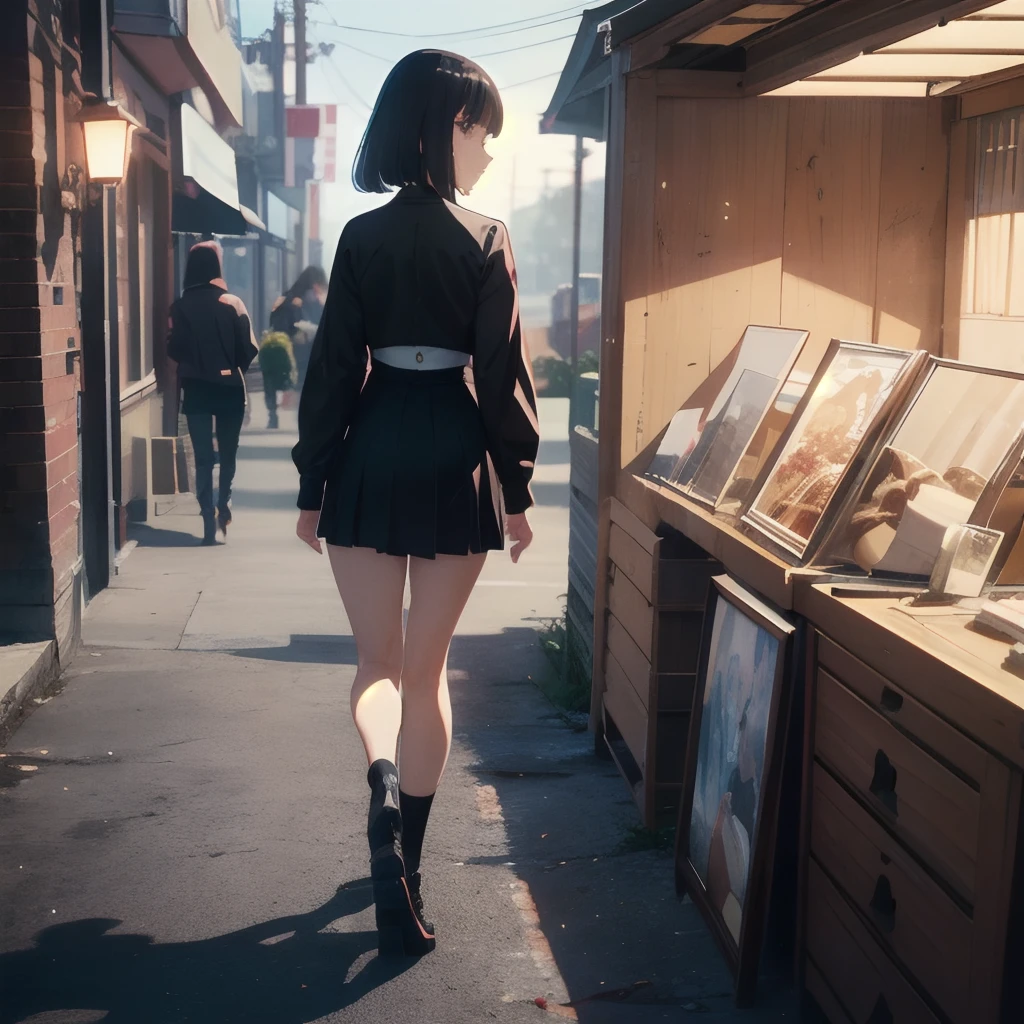 Official art、Best Quality、Unity 8k Wallpapers、​masterpiece、ultra-detailliert、超A high resolution、realisitic、Photorealsitic:1.2)、(Cinematic lighting:1.2)、Fireglow effect、film grains、Best Shadows、side lights、sideshot、(Ultra-detailed and complex 3D rendering)、Detailed beautiful face and eyes、A slender、Medium bust、(Full body:1.2)、 ((Fast fashion clothing stores))、Highly detailed background、cowboy  shot, detailed faces and eyes、beauitful face、blurry backround、16-year-old beautiful girl、shinny skin、short-hair、Beautiful black hair、Blunt bangs、Red Eye、(Katyusha:1.2)、a sailor suit、Mini skirt、Curve、thighs thighs thighs thighs