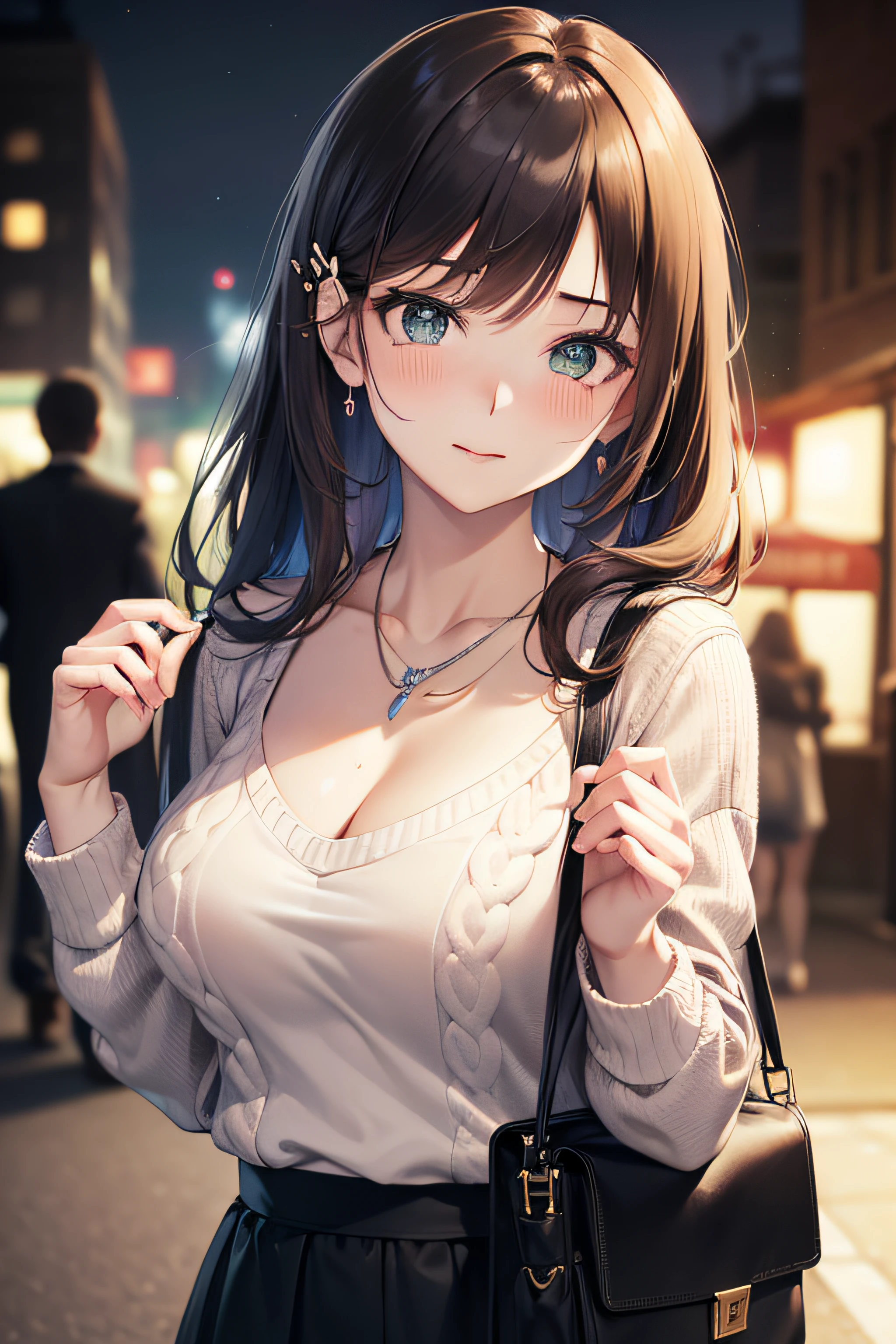 ((masterpiece, best quality, highres, UHD, perfect pixel, depth of field, 4k, RTX, HDR))), 1girl, single, solo, beautiful anime girl, beautiful artstyle, anime character, 24 years old, ((long hair, bangs, dark brown hair, curly hair:1.4, hair pin)), ((detailed face, blushing:1.2)), ((detailed eyes, anime eyes style, beautiful eyes, green eyes:1.8, sparkling effect)), ((smooth texture:0.75, realistic texture:0.5, anime CG style)), ((medium breasts, cleavage)), dynamic angle, busty, perfect body, ((close up, POV, cute, shot on face)), ((casual clothes, white sweater, skirt, the bra is visible from inside the sweater)), outdoor background, absurd background, bokeh:1.4, ((night, night lights)), crowd, city building, ((minimalist necklace, silver necklace, 1baguette bag, fashionable))