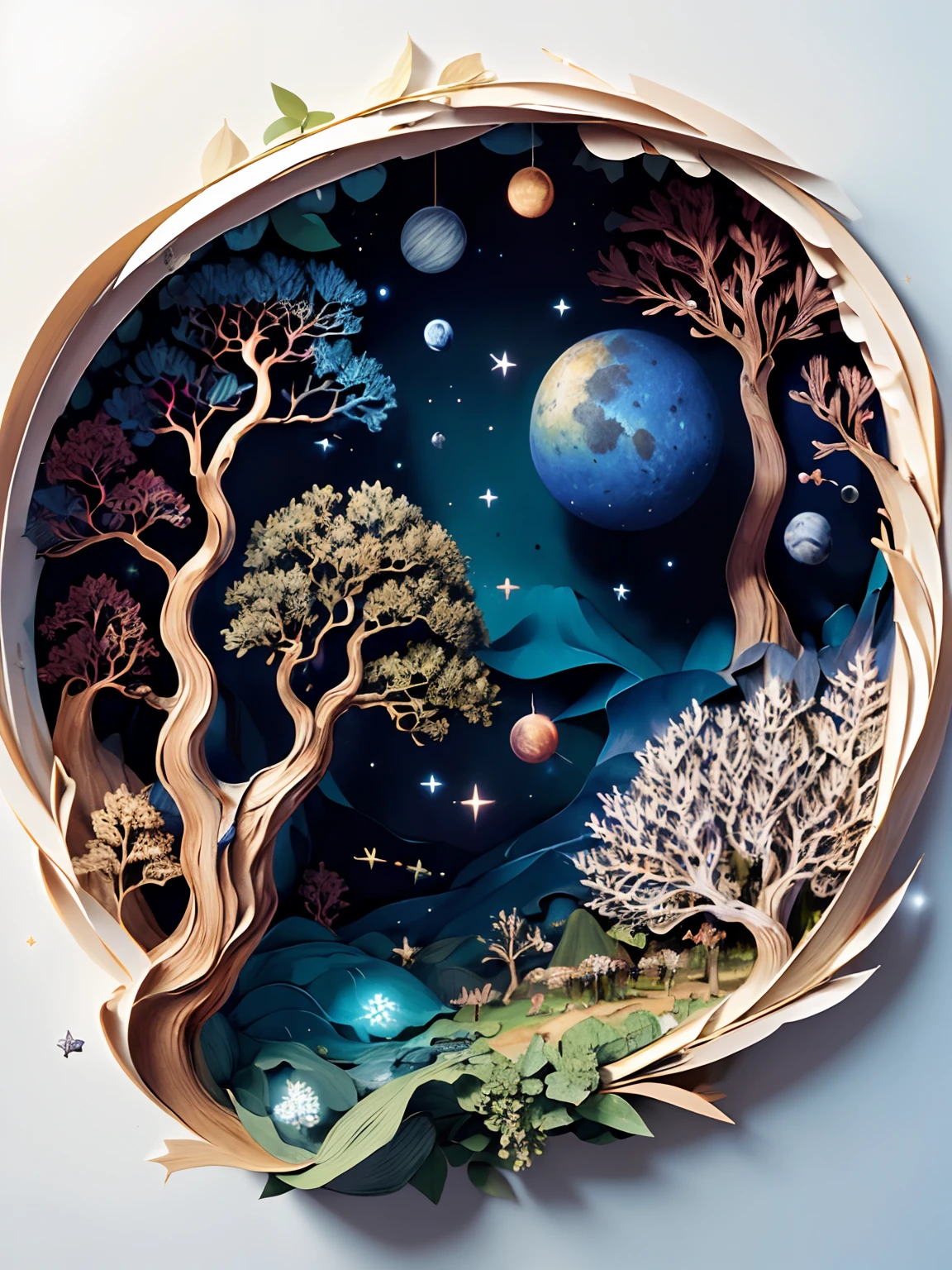 (((obra-prima))), melhor qualidade, illustration,
A mystical forest with giant trees and magical beings hidden among the branches, 8k, alta qualidade, outer space, Papel_cortar,