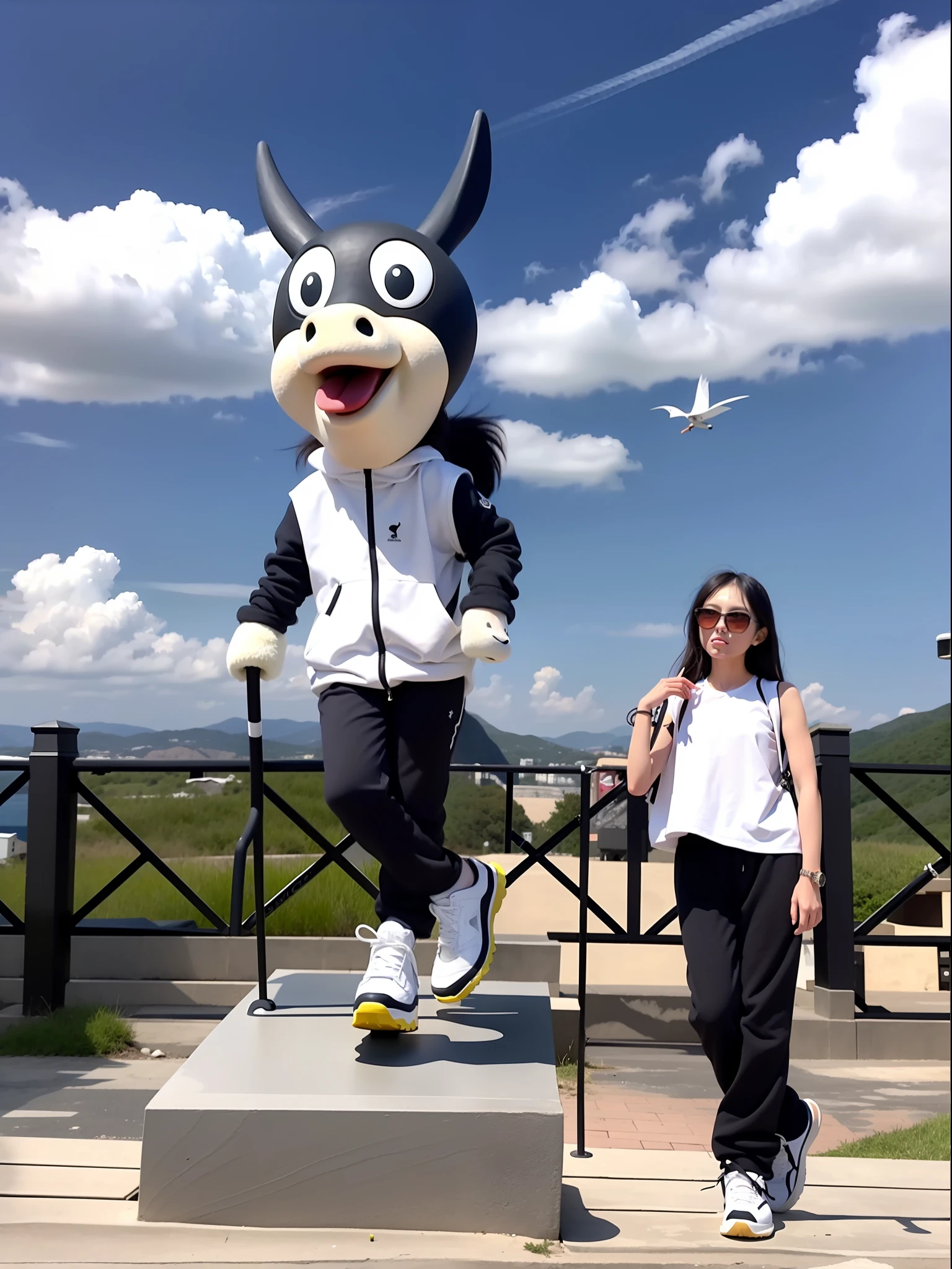 A girl climbs a mountain with a small walking stick，Wearing black sunglasses，Black color hair,Small face，Wearing a white top, black long pants，White sneakers，Imitate the movements of the statue of a donkey friend next to it，The background is under a clear sky，Blue-white sky