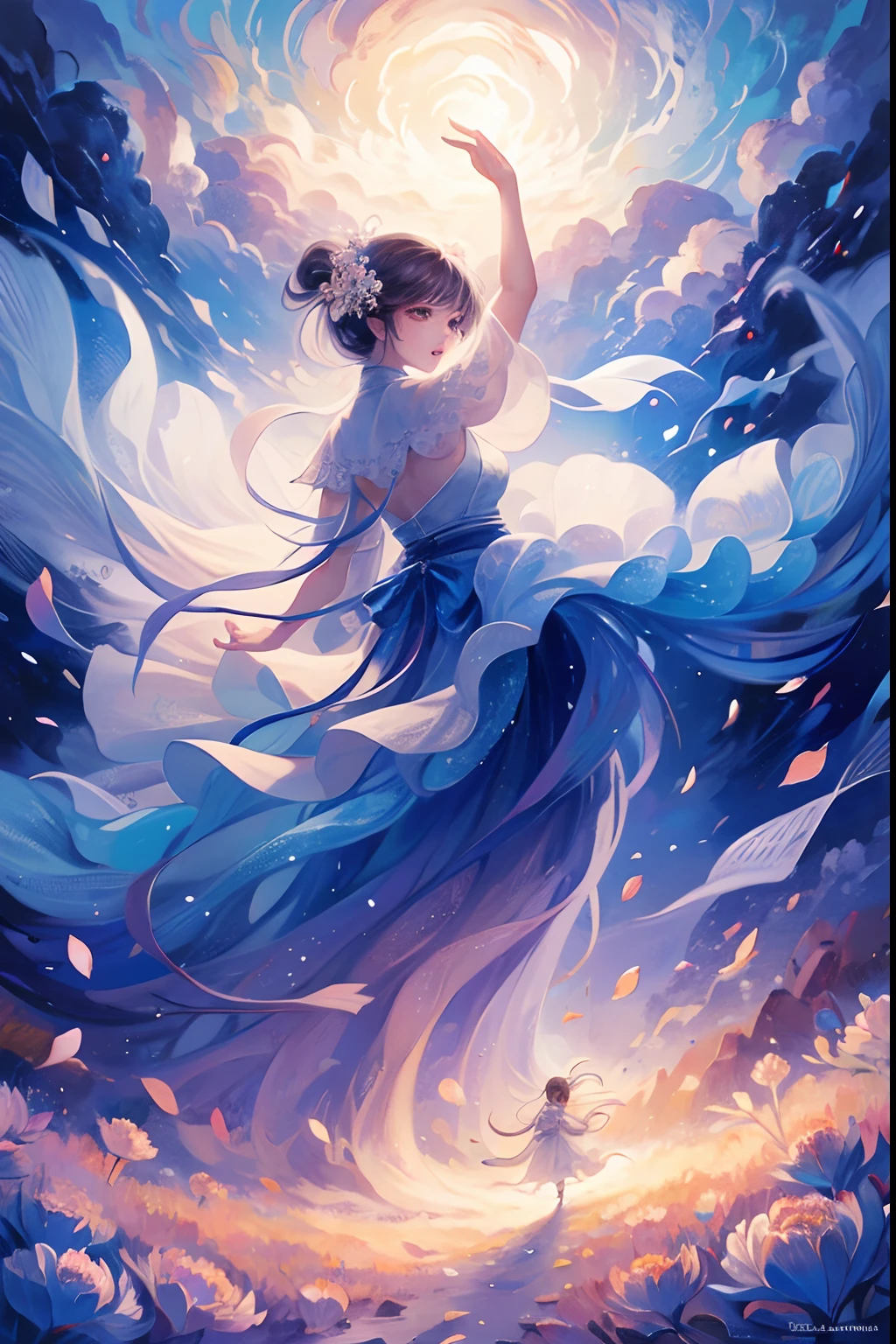 The girl, reaching out, grabbed the cloud,Look up at the sky,Back Shadow,Clouds,Thick white clouds,Fold your hands,Flowers bloom,(Extremely detailed:1.1),tmasterpiece,super-fine,best qualtiy,Princess dress