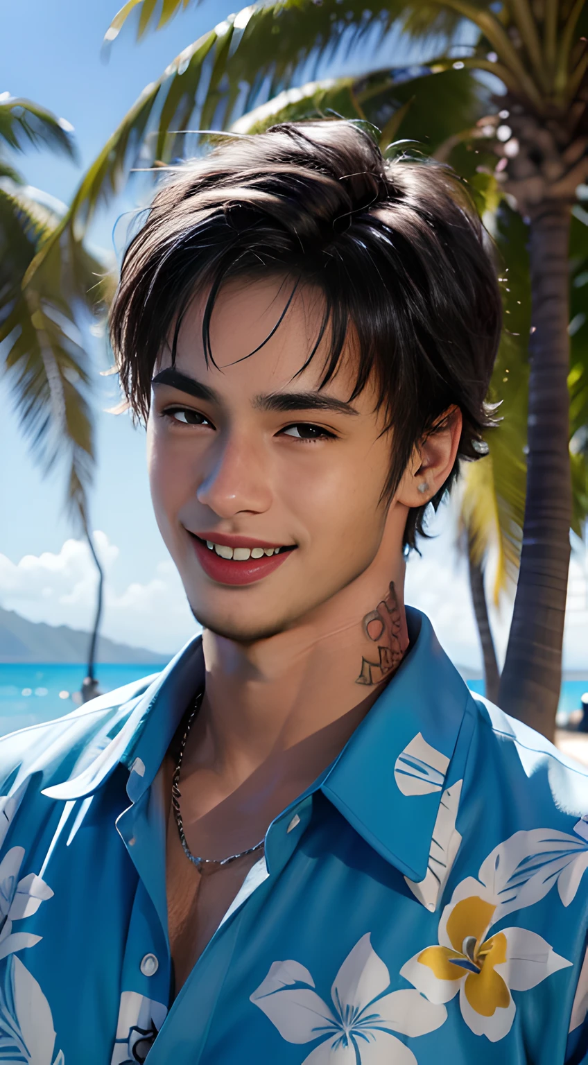 Young man, tanned, surfer, black hair, hawaian origin, clear water, beautiful sky, beach, blue eyes, smile, look at the camera, hawaiian tattoo, colored fish, shell, shell necklace, shorts, swimming, in the water, shirtless, tattoo, sitting on the beach, starfish.